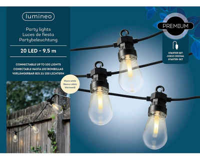 Lumineo LED-Lichterkette Lumineo Party-Beleuchtung 20 Lampen 9,5 m warm weiß, schwarzes Kabel, Außenbeleuchtung, Erweiterbar auf 100 Lampen