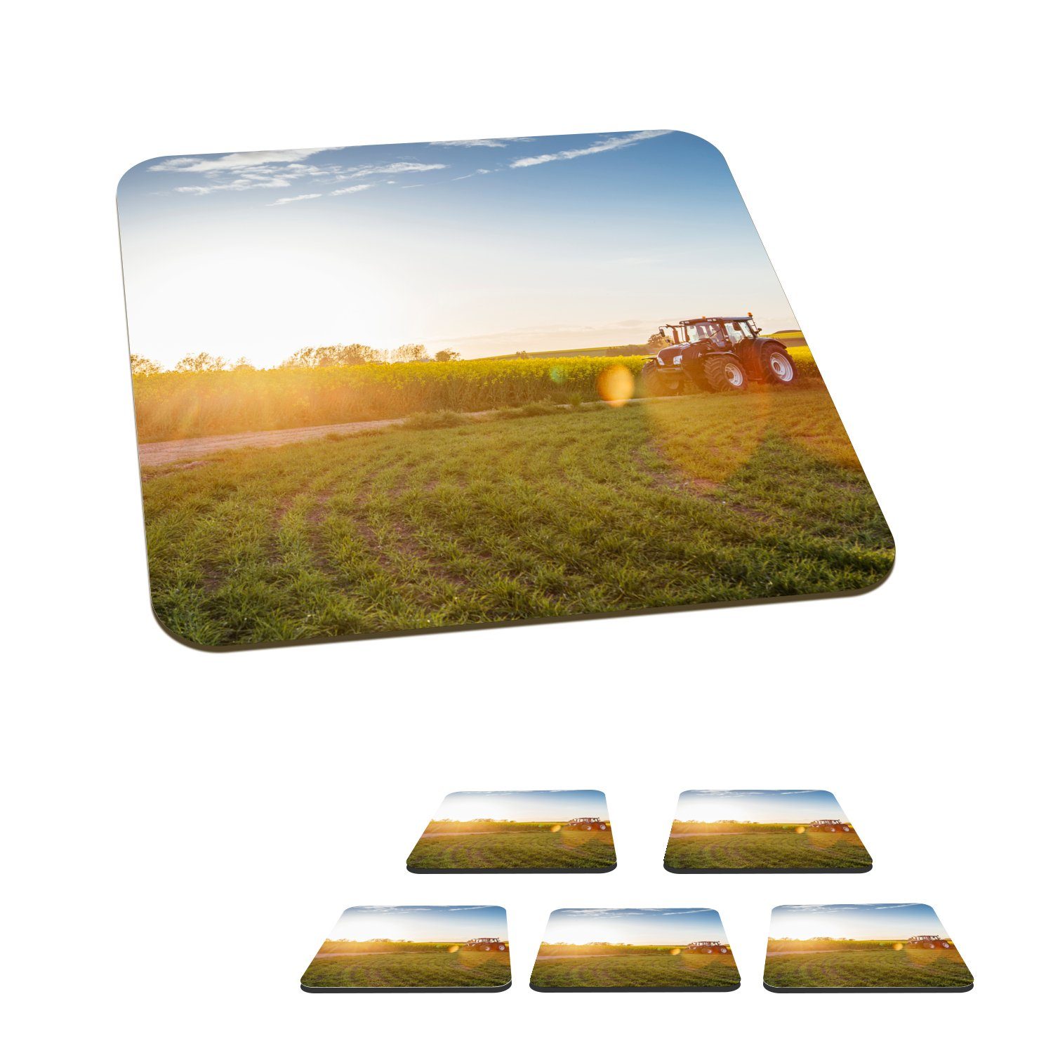 MuchoWow Glasuntersetzer Traktor - Gras - Sonnenuntergang, Zubehör für Gläser, 6-tlg., Glasuntersetzer, Tischuntersetzer, Korkuntersetzer, Untersetzer, Tasse