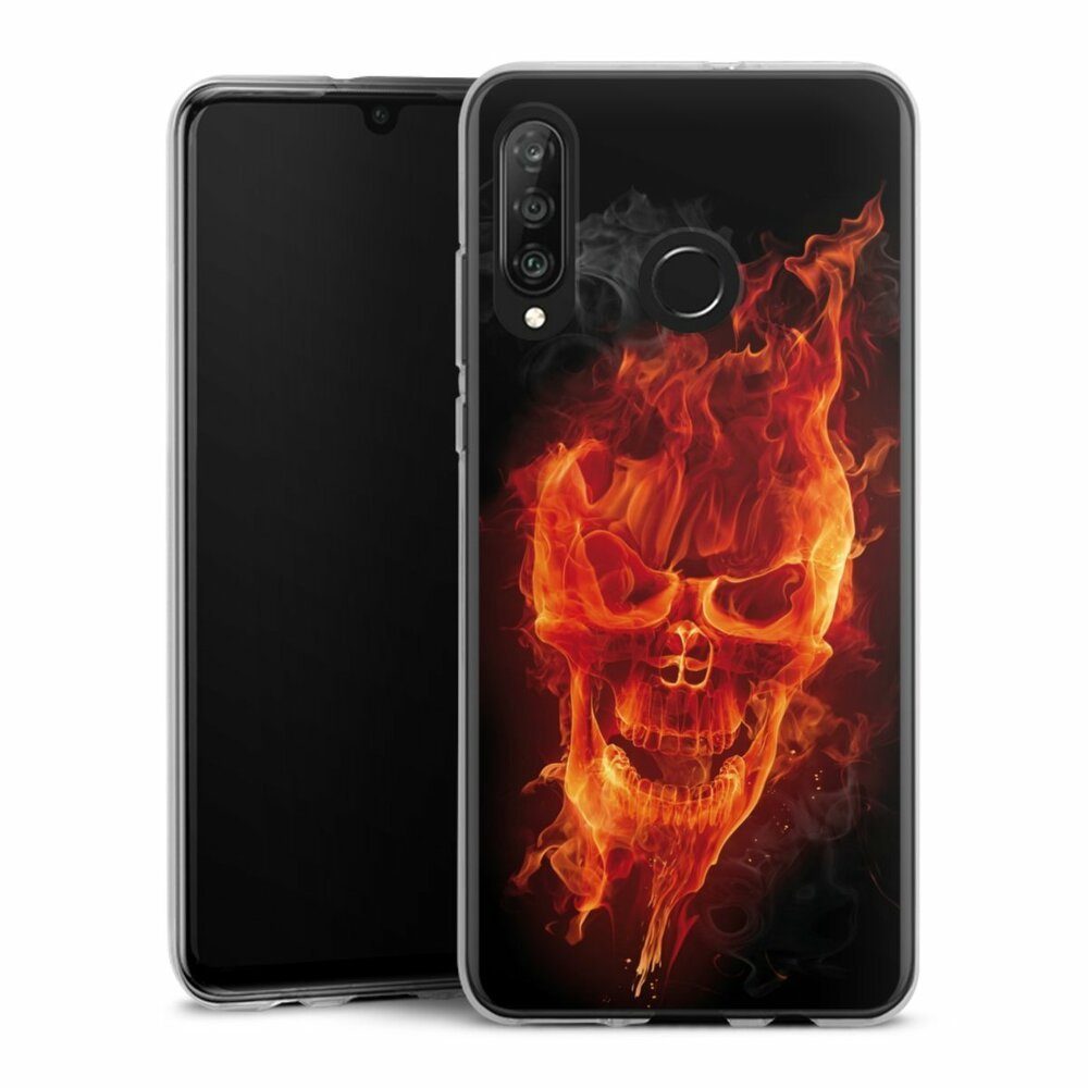 DeinDesign Handyhülle Totenkopf Feuer Schädel Burning Skull, Huawei P30 Lite Premium Silikon Hülle Bumper Case Handy Schutzhülle