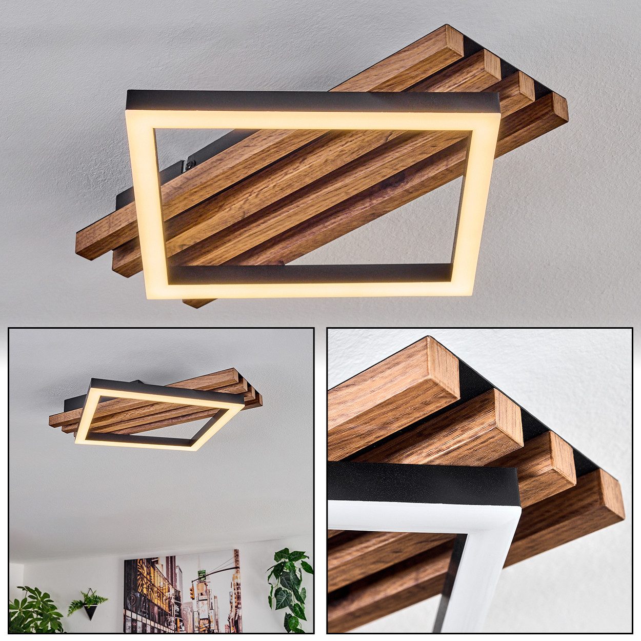 hofstein Deckenleuchte Deckenlampe aus Metall/MDF/Kunststoff in Schwarz/Holzoptik/Weiß, ohne Leuchtmittel, moderne Deckenleuchte, 12 Watt, 3000 Kelvin