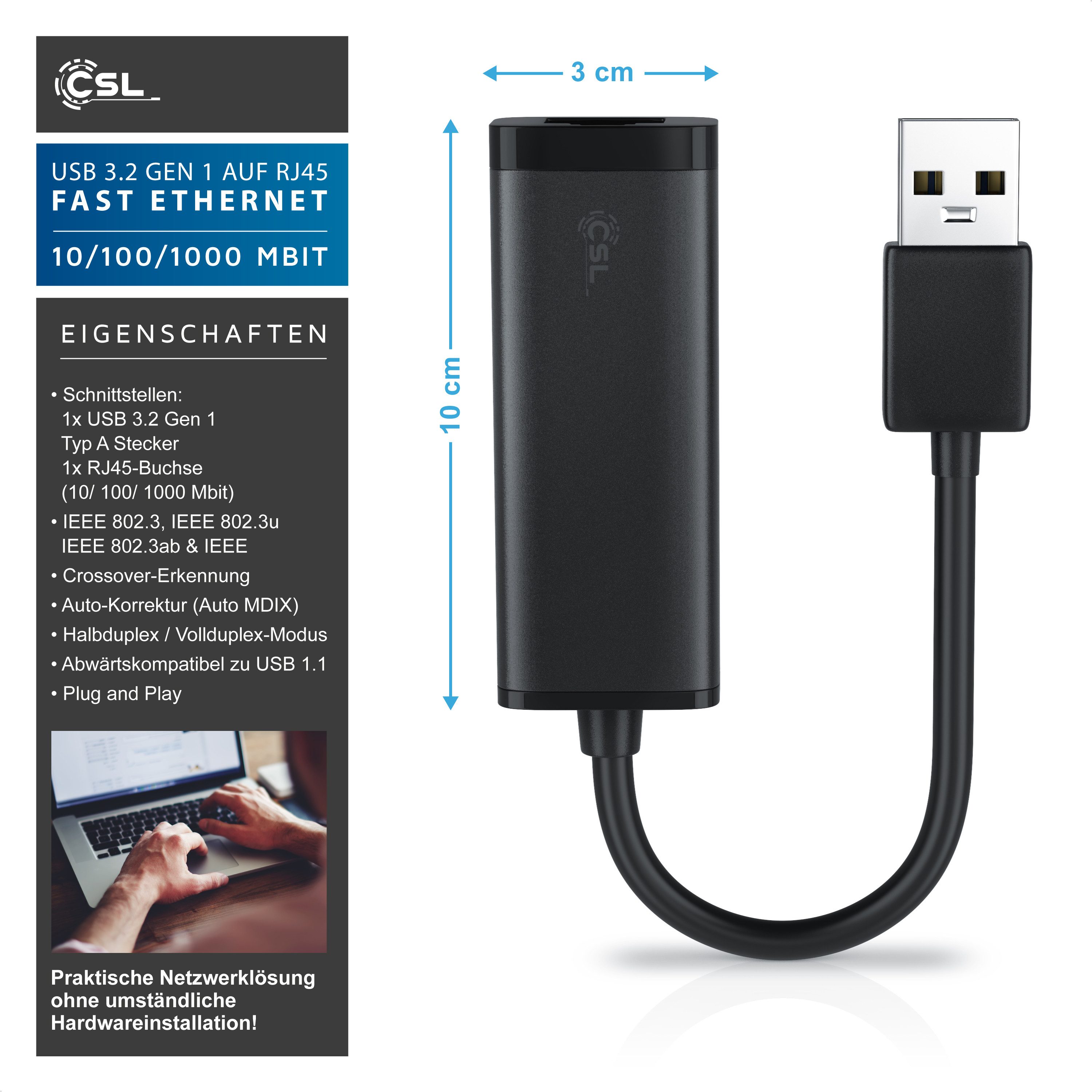 CSL USB 3.0 auf RJ45 Gigabit Netzwerkadapter Netzwerk-Adapter USB Typ A zu RJ-45 (Ethernet), USB 3.0 auf RJ45 Gigabit Netzwerkadapter, externe Netzwerkkarte – Bild 2 von 5