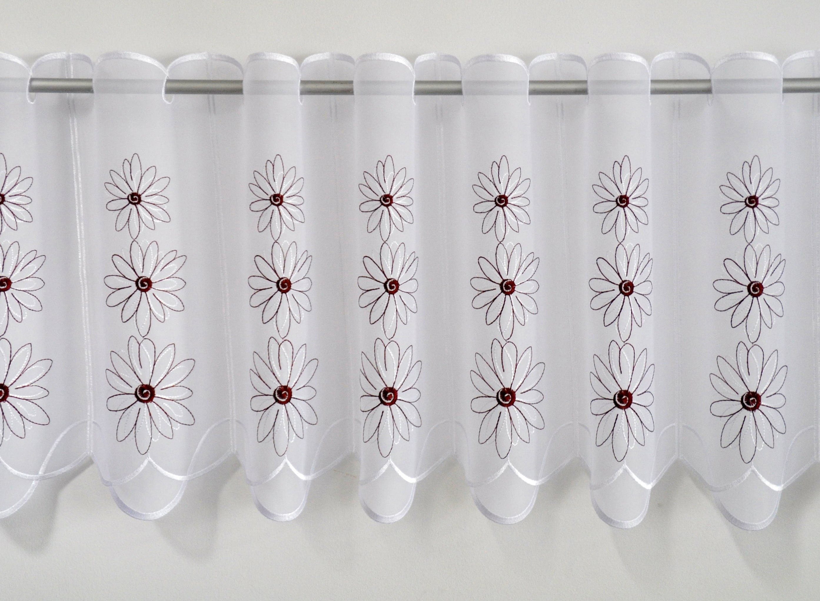 Scheibengardine Blüten, Stickereien Plauen, Durchzuglöcher (1 St), transparent, Voile, veredelt mit echter Plauener Spitze Stickerei