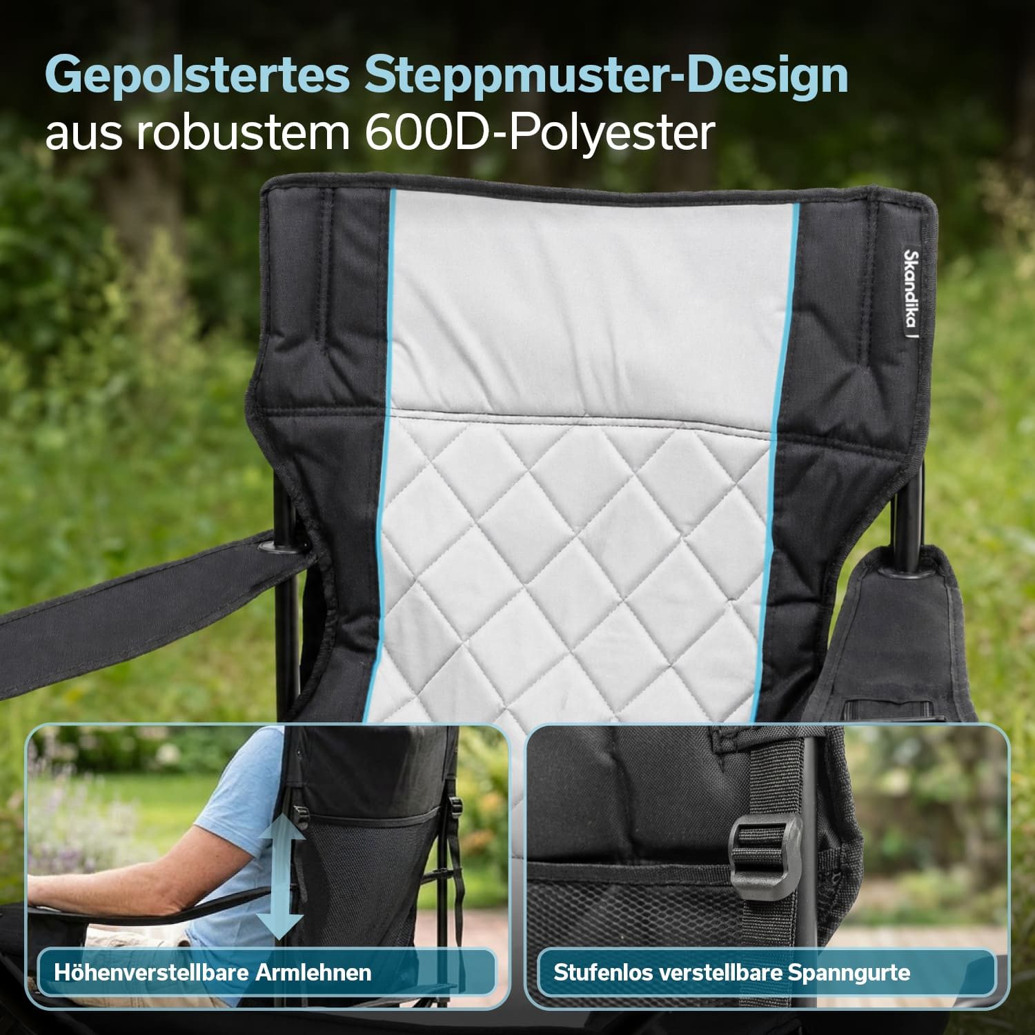 Skandika Campingstuhl Quilta, Bequemer Klappstuhl mit Kühlfach, Faltmechanismus (Getränkehalter, Max. Nutzergewicht 150 kg, Organizer-Tasche), Tragetasche, Anti-Rutsch-Füße, Maße 92 × 57 × 96 cm