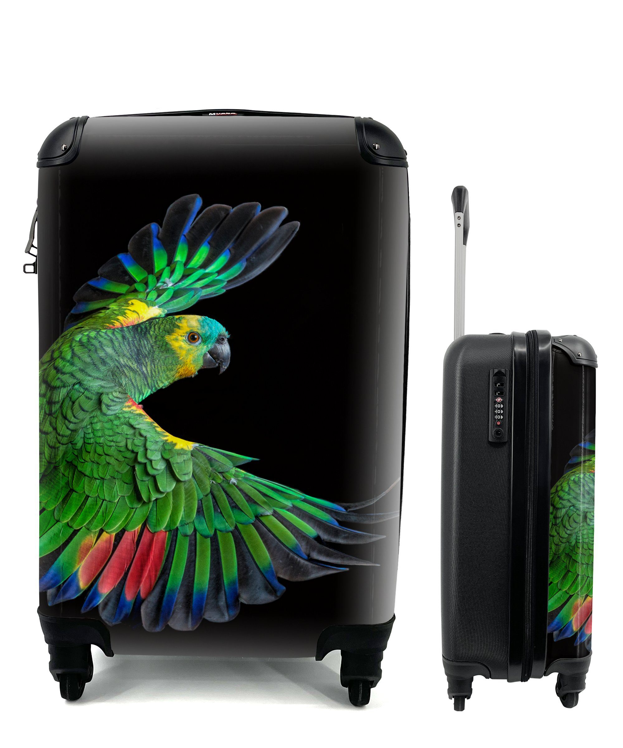 MuchoWow Handgepäckkoffer Nahaufnahme bunter Papagei, 4 Rollen, Reisetasche mit rollen, Handgepäck für Ferien, Trolley, Reisekoffer