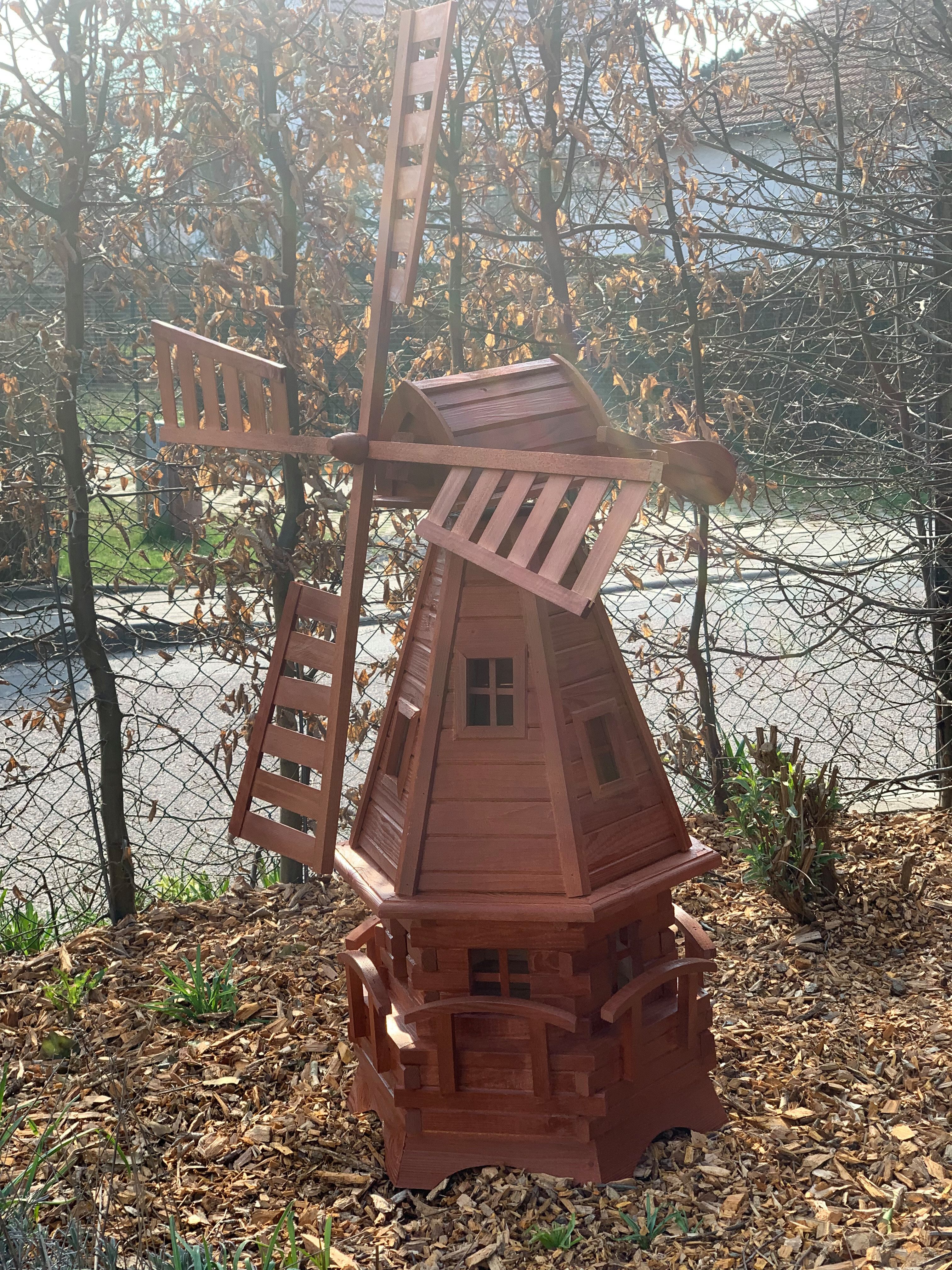 Holzdekoladen Deko-Windrad Holländische Gartenwindmühle Holz drehbar mit Fenster 130 cm