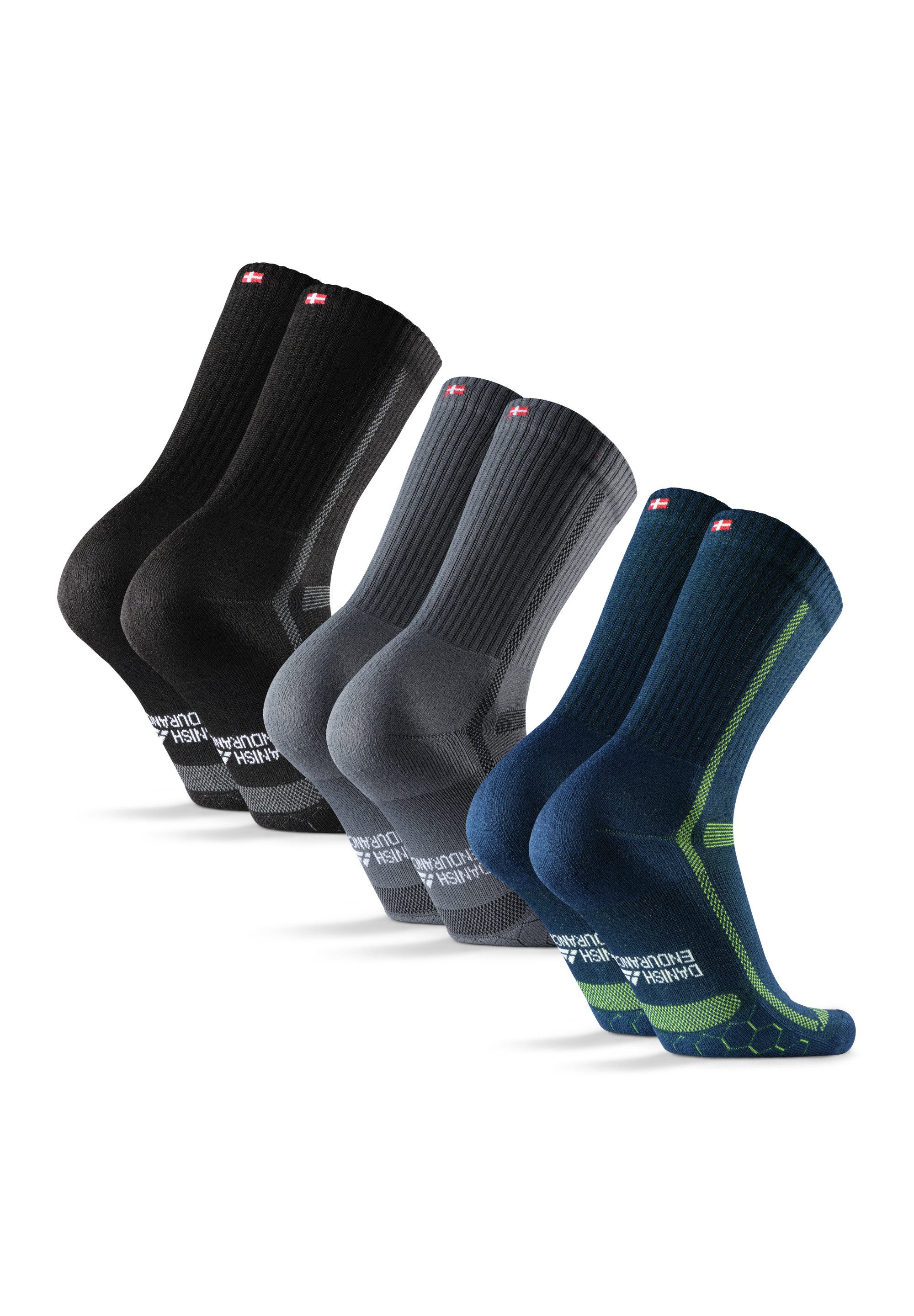DANISH ENDURANCE Basicsocken Long Distance Crew (3-Paar) Wadenlange Sportsocken für Läufer, Anti-Blasen & Rutschfest