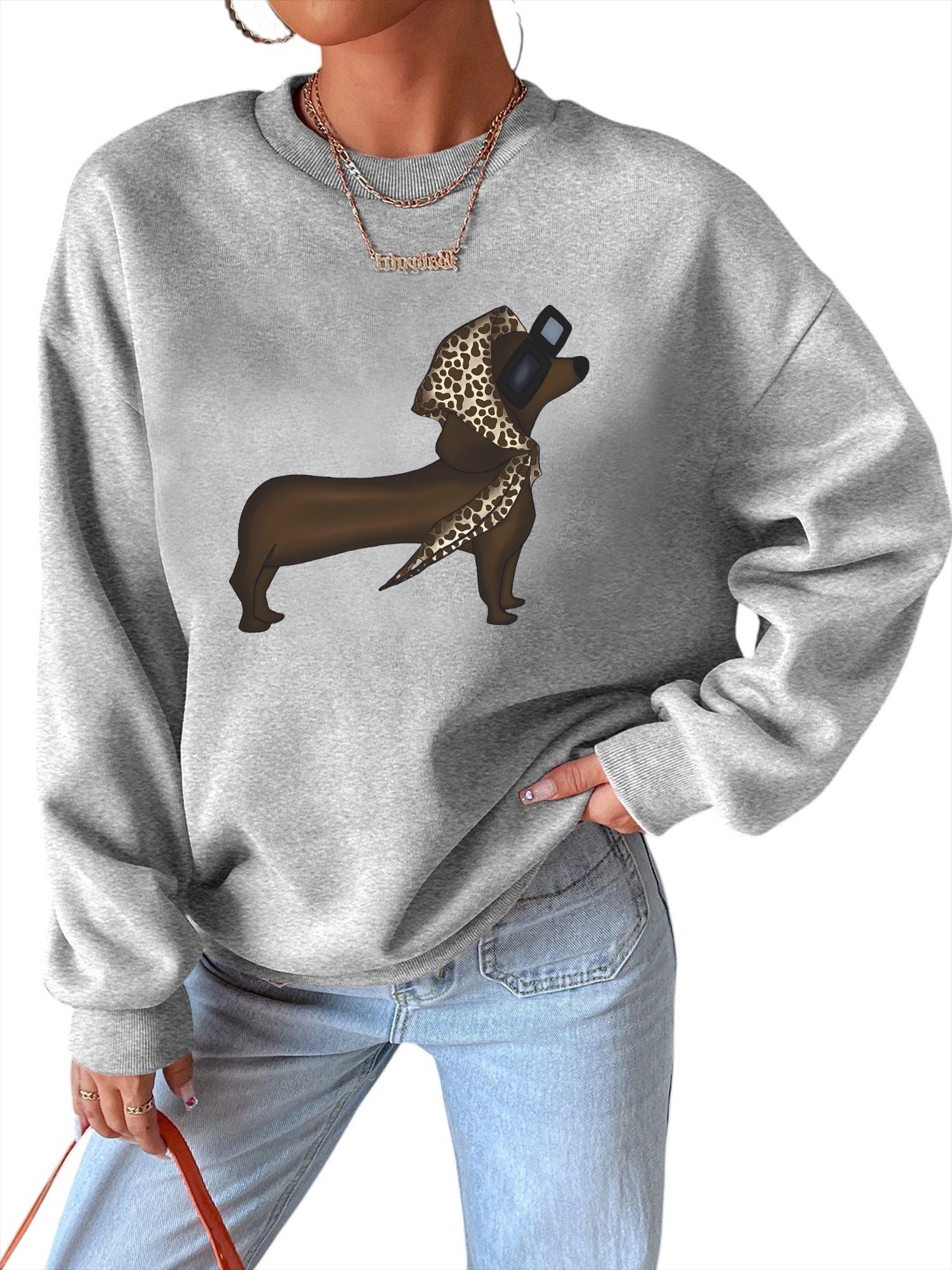 PYLIKE Fleecepullover Damen Dackel Print Sweatshirt, Casualmode mit Dropped günstig online kaufen