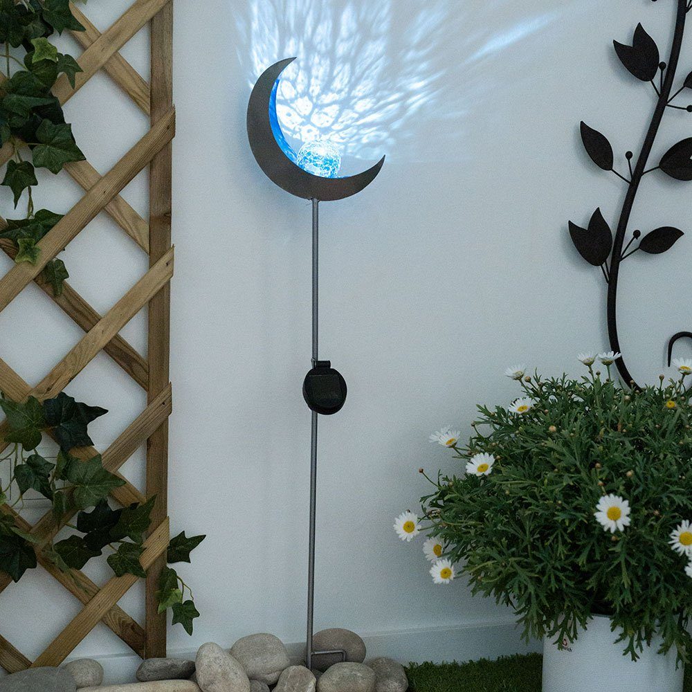 etc-shop LED Solarleuchte, LED-Leuchtmittel fest verbaut, Kaltweiß, Tageslichtweiß, LED Solar Außen Steck Erdspieß Lampe Flammen Effekt silber Garten Glas