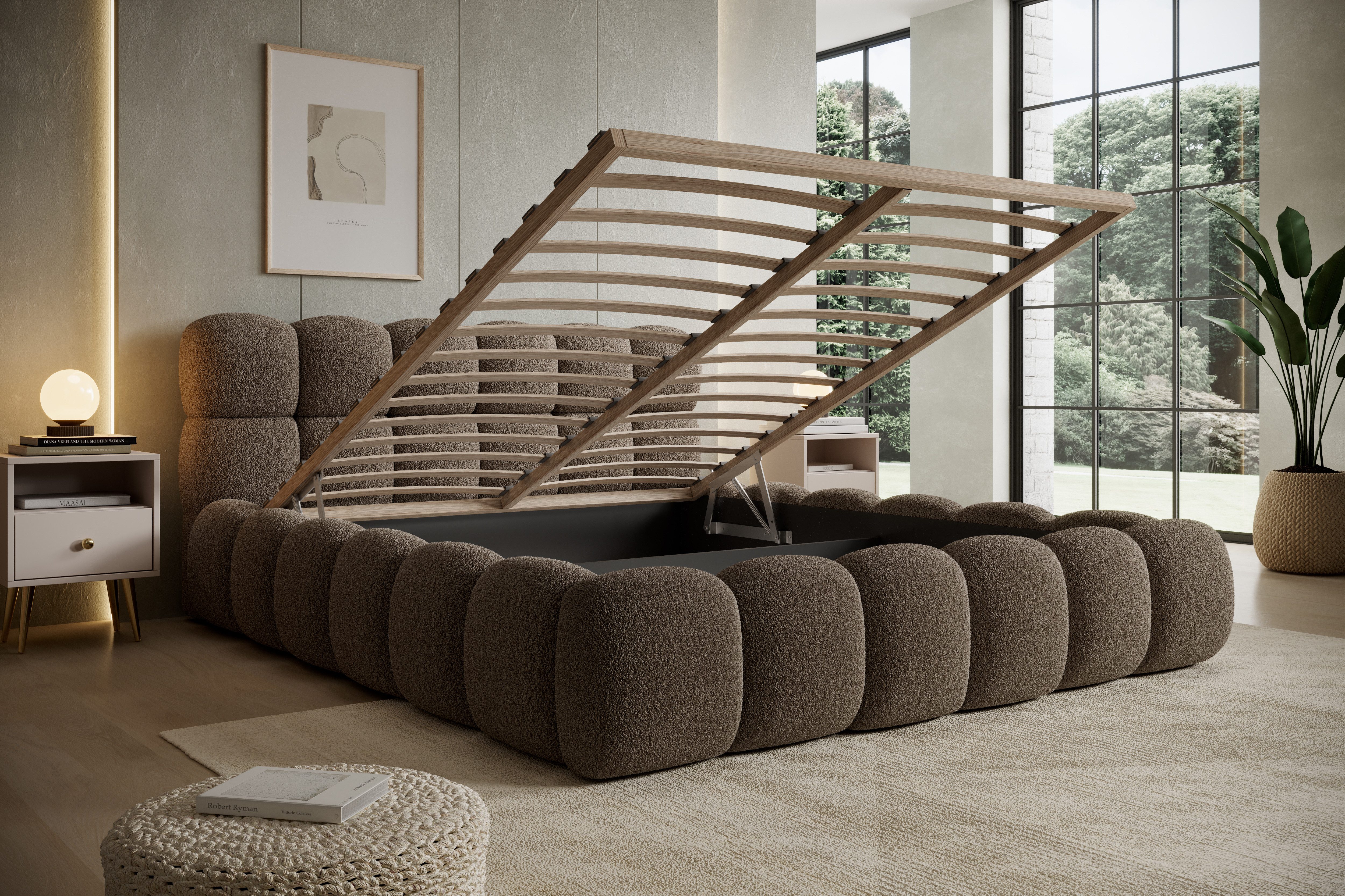 thematys Polsterbett mit Bettkasten 140x200–200x200 cm – Velours oder Bouclé Bezug – (Polsterbett in den Varianten Bouclé (Fredo), Velours (Velutto) - Wolkenbett mit XXL Kopfteil), Wolkenbett mit XXL Kopfteil)