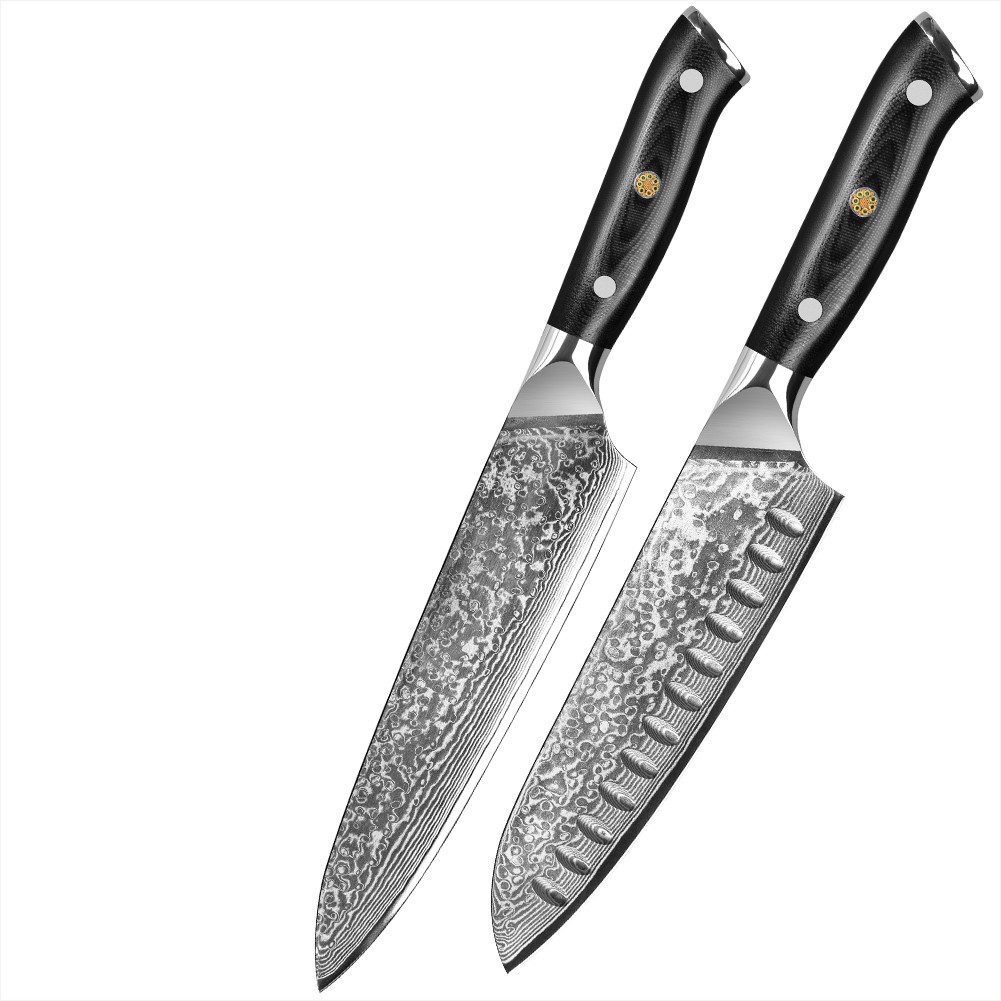 KingLux Damastmesser 2tlg. Damast Küchenmesser Set Damaststahl Santoku Chefmesser