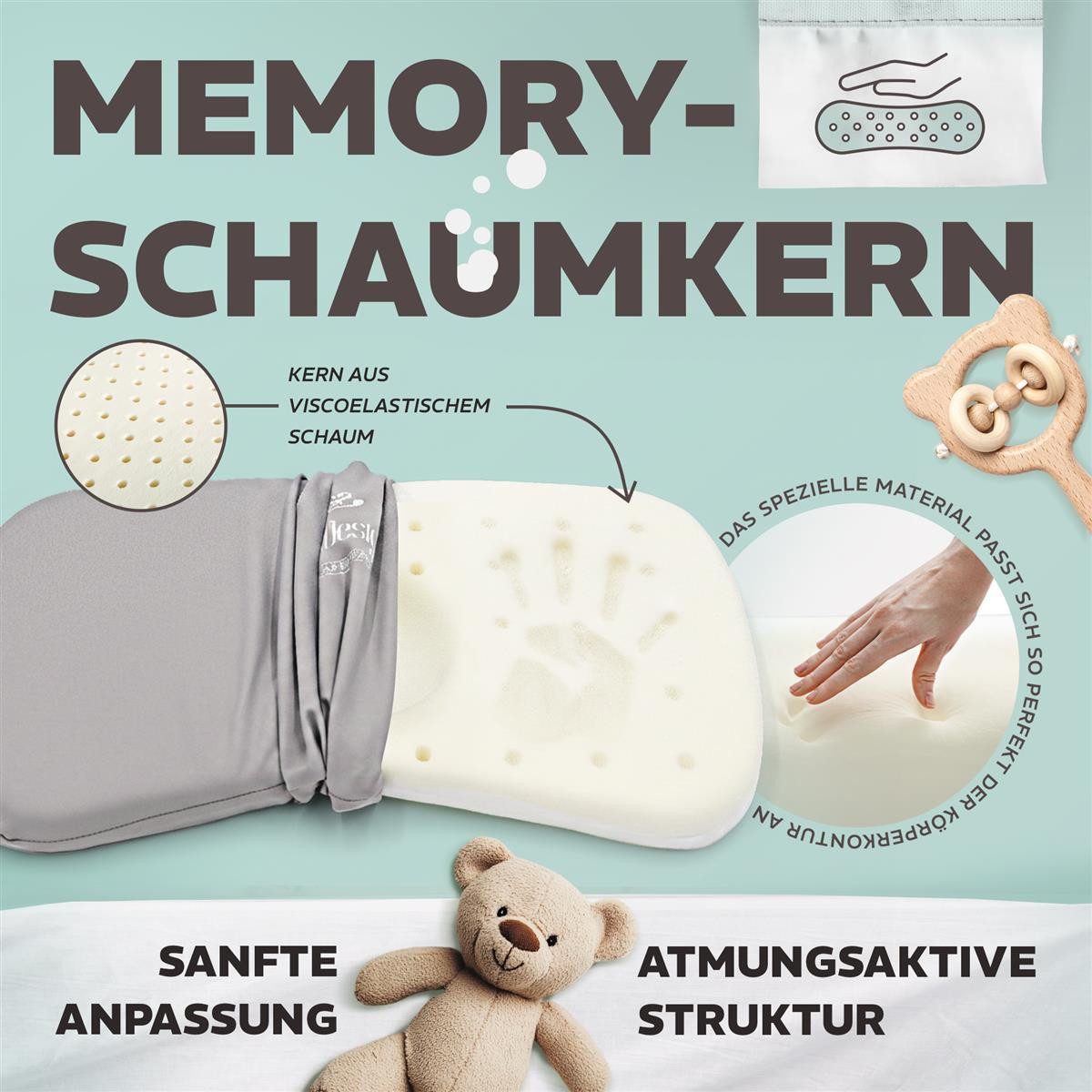 SEI Design Babykissen Baby Memory-Foam Kopfkissen – 44x25x3 cm – mit Kopfmulde, kühlender, mit Kopfmulde, flache Form, atmungsaktiv