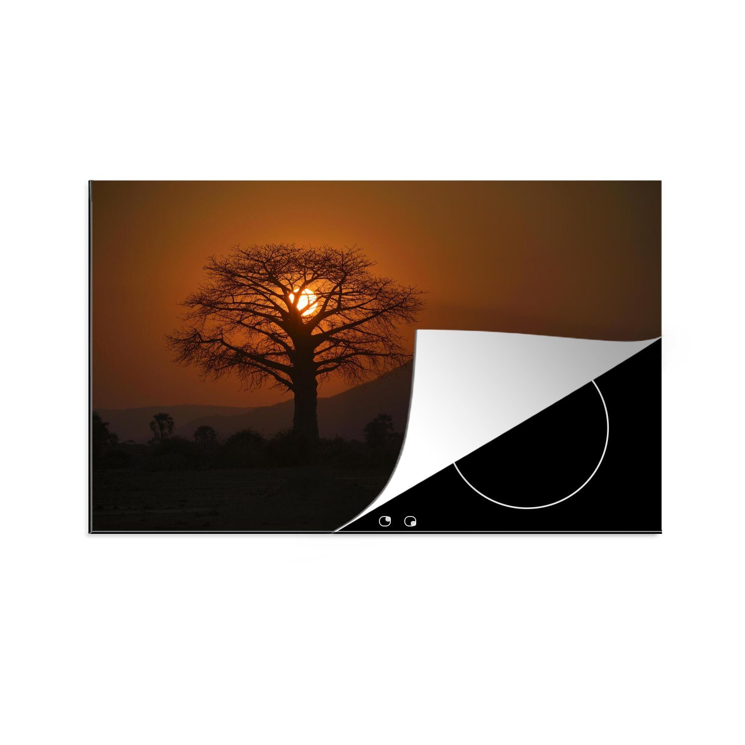 Sonnenuntergang Herdblende-/Abdeckplatte Lower Schutz im küche, Vinyl, tlg), für cm, die Induktionskochfeld Oranger hinter Zambezi, (1 einem MuchoWow Baobab-Baum 81x52 Ceranfeldabdeckung