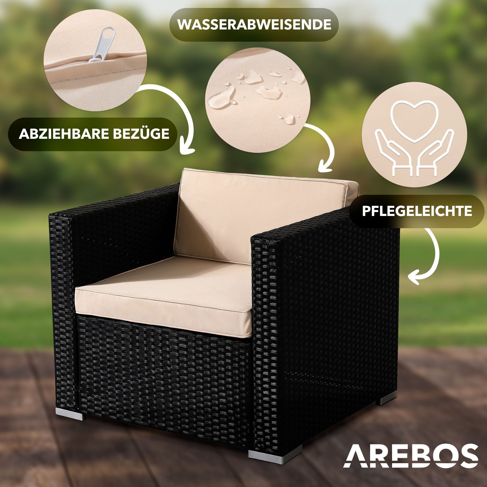 Arebos Gartensessel Poly-Rattan Gartenlounge, Inkl. Sitz- und Rückenkissen, Schwarz (1-St), UV-beständigen Polyrattan-Geflecht