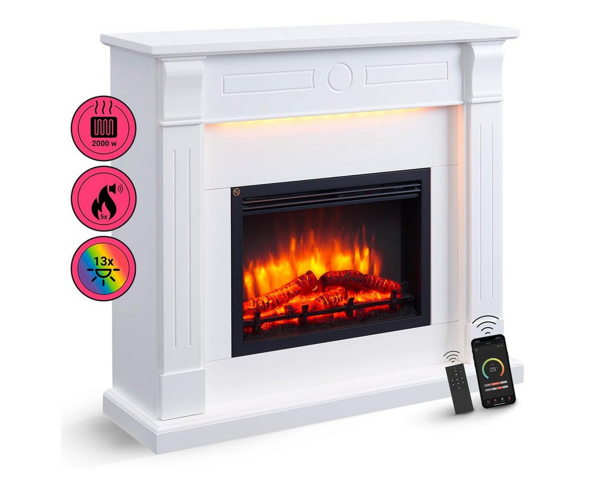 Balderia Elektrokamin Elektrokamin Standkamin BALDERIA Hikaru – Heizung bis 2000 W, weiss, 3D-Flammeneffekt, LED, App-Steuerung, Fernbedienung, Timer