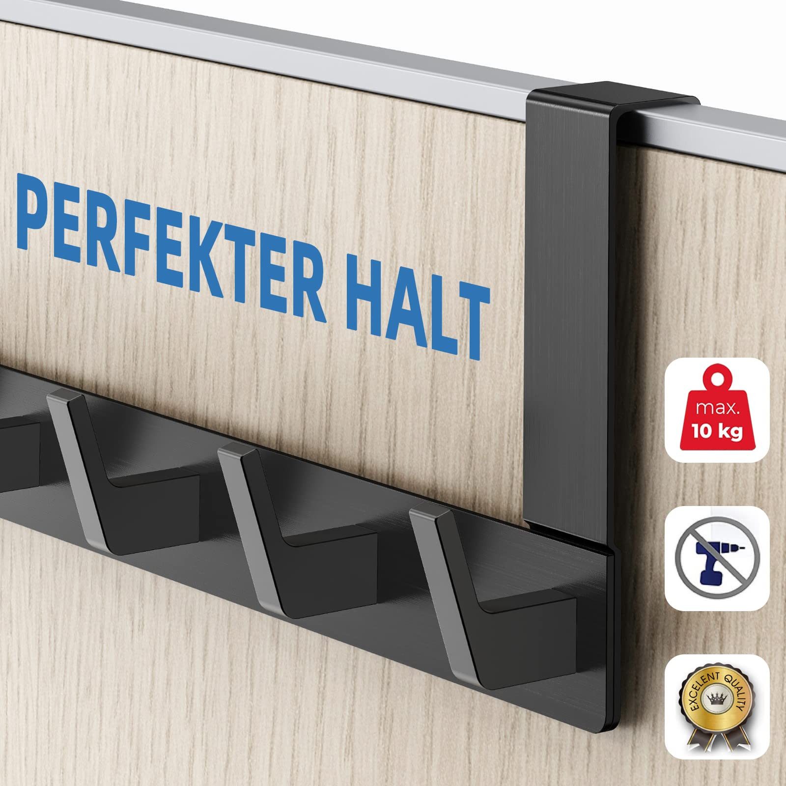 SURFOU Türhaken Kleiderhaken Tür Türhaken zum Einhängen Ohne bohren Handtuchhalter, für Schlafzimmer, Badezimmer, Küchen, Arbeitszimmer, Werkzeugräume, (Rostfreiem Aluminiumlegierung badezimmer zubehör für 2 cm dicke Türen, 40*14cm tür organizer, 1-St., Tragkraft max.10 kg, hängeaufbewahrung jackenhalter tür schwarz/silber)