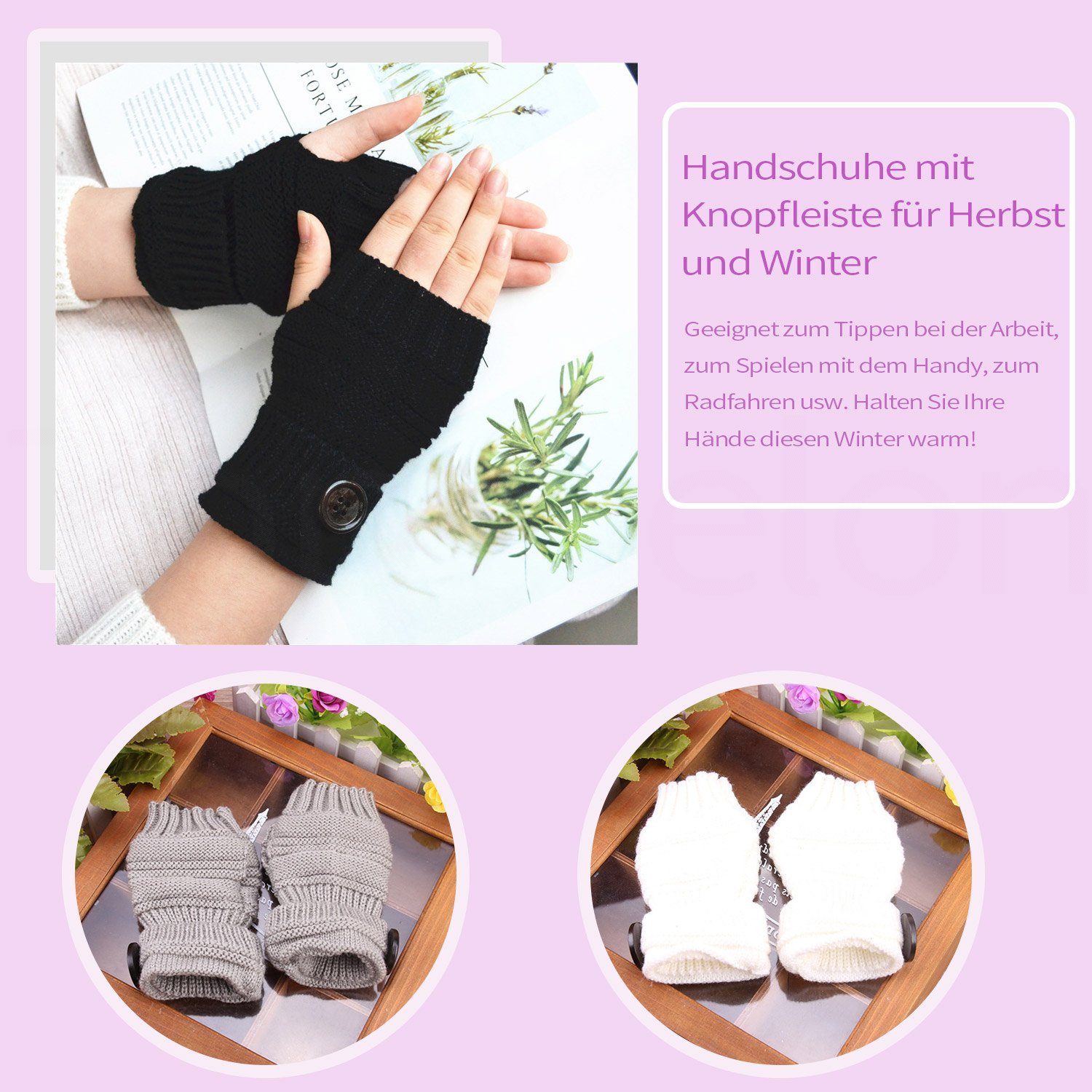 Schwarz Halbfingerhandschuhe,warme Winterhandschuhe Strickhandschuhe Daisred Gestrickte