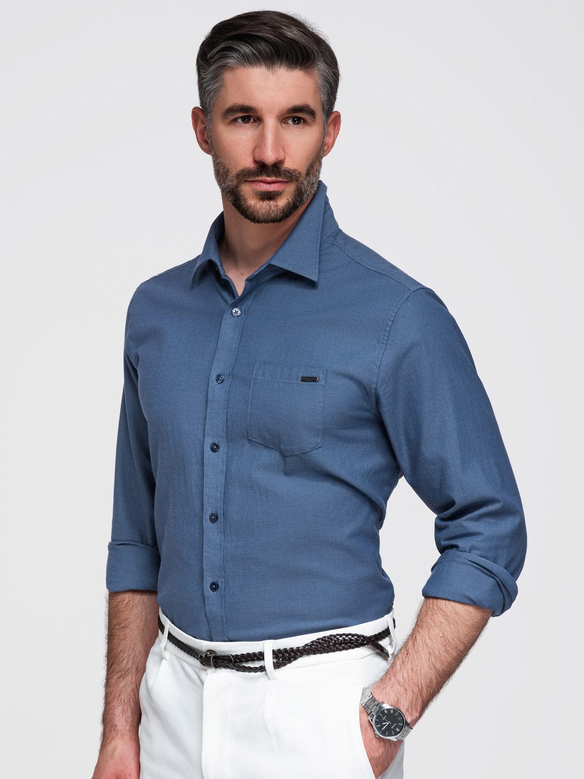 OMBRE Langarmhemd Herren Regular-Fit Freizeithemd mit Kentkragen Denim blue S (kein Set, 1-tlg) doppelte Naht