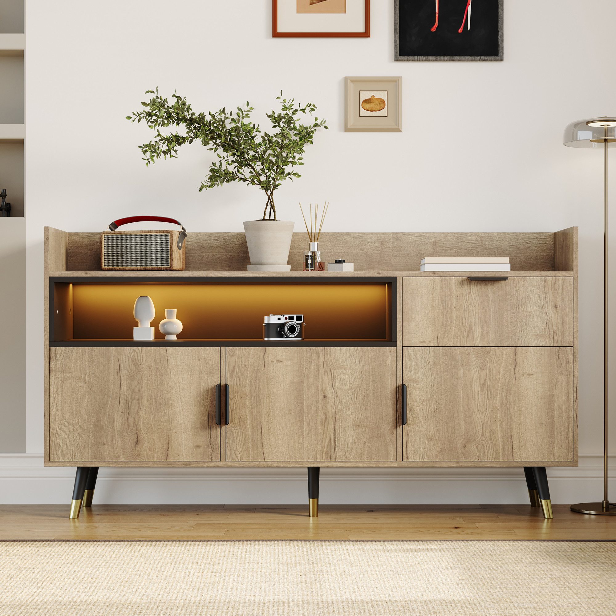 KLAM HOME Sideboard Modernes Minimalistisches Naturholz Sideboard (Offene Regale + Praktische Schubladen + Beidseitige Schwingtüren), Für Wohnzimmer Esszimmer Büro Homeoffice