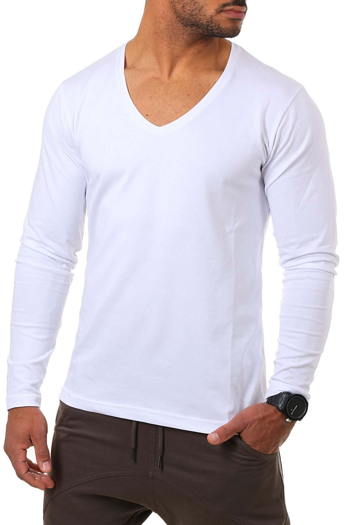 Langarmshirt Herren Uni Basic tiefer V-Ausschnitt Longsleeve Unterziehshirt 2239