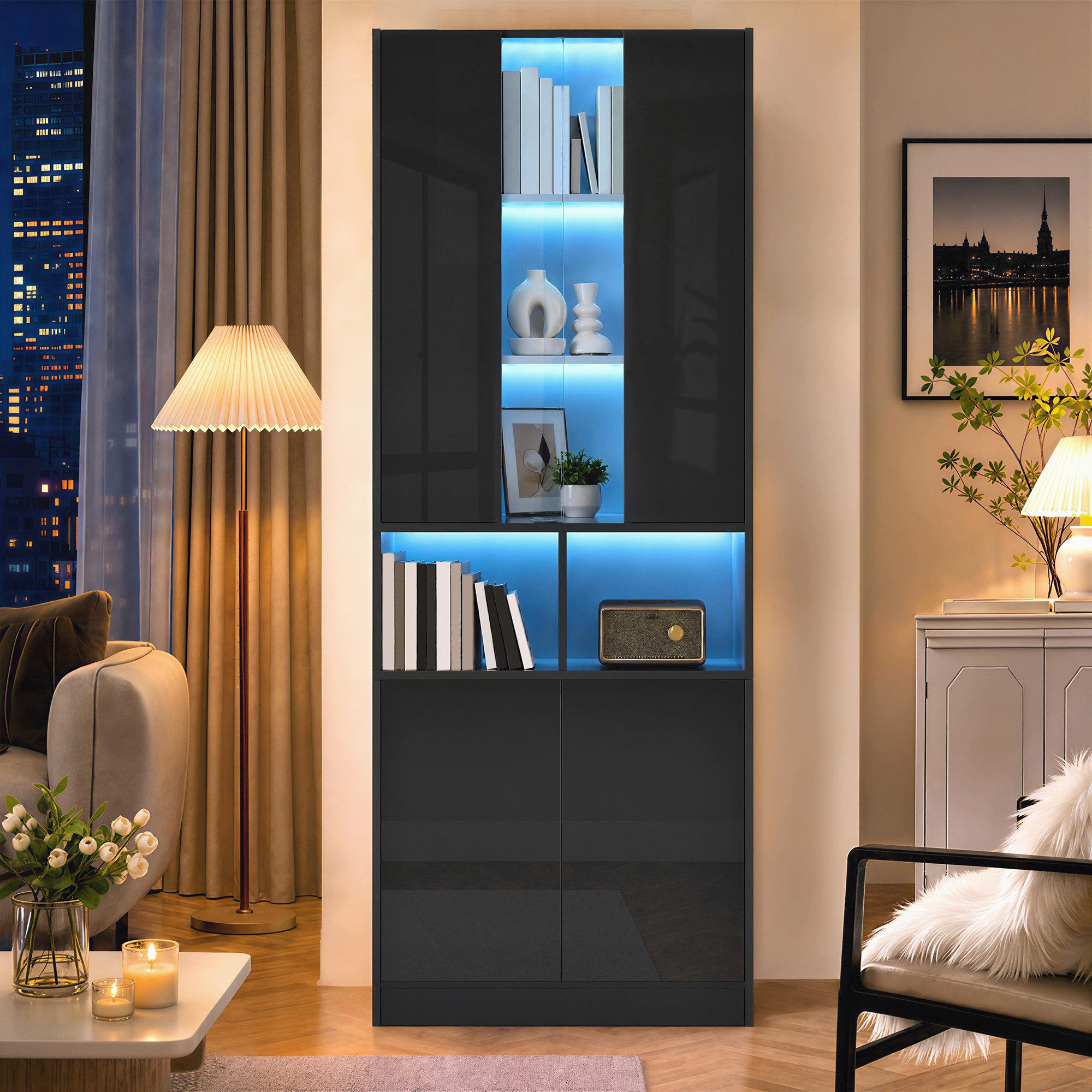 Merax Vitrine mit LED-Beleuchtung inkl.APP, 70Lx35Bx180Hcm (1-St., Wohnzimmerschrank Flurschrank Schlafzimmerschrank) mit Acryl-Sichtfenster,Doppeltüren,verstel – Bild 4 von 5
