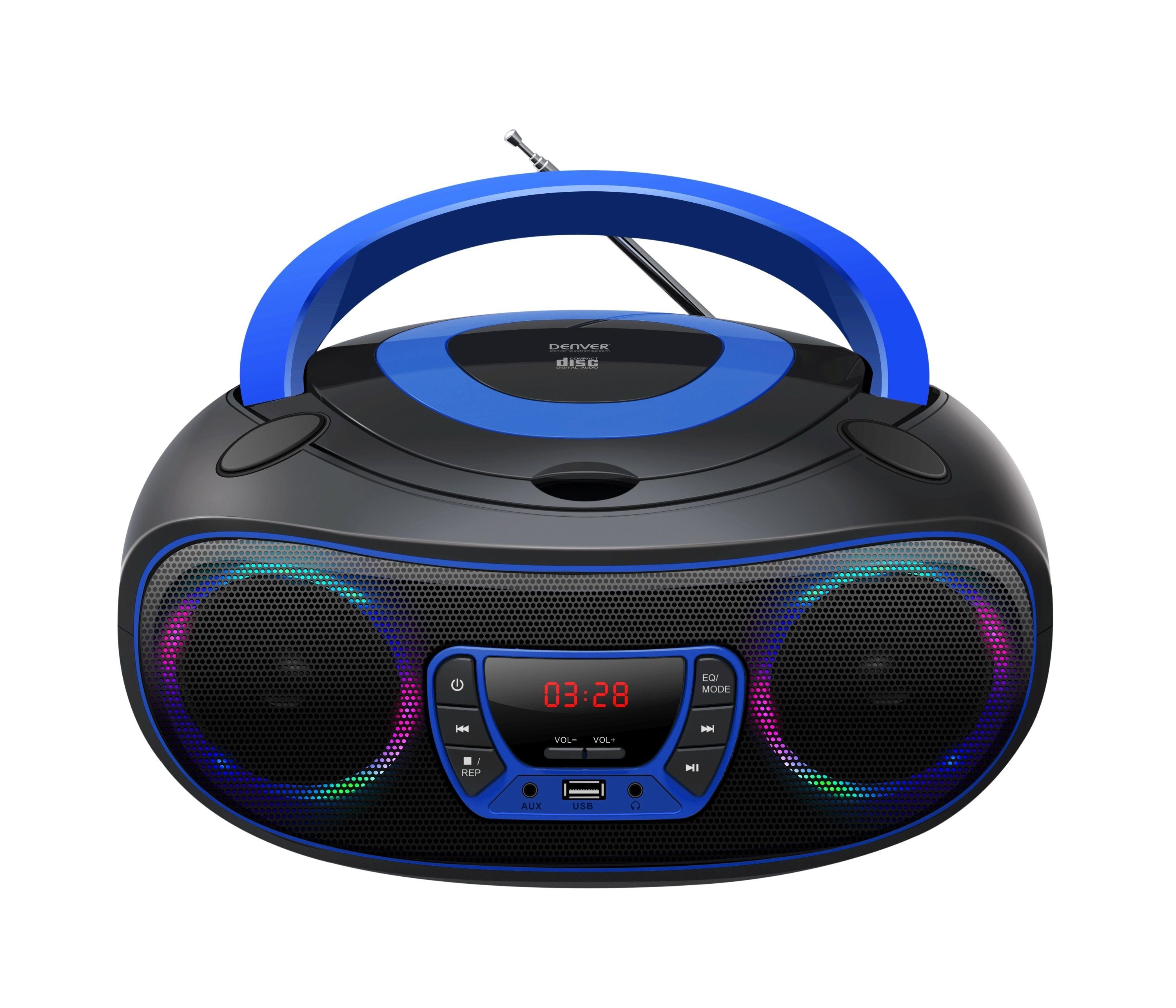 Denver TCL-212BT BLUE Boombox (Bluetooth, USB, AUX-IN, Kopfhörerausgang und  LED Partylicht)