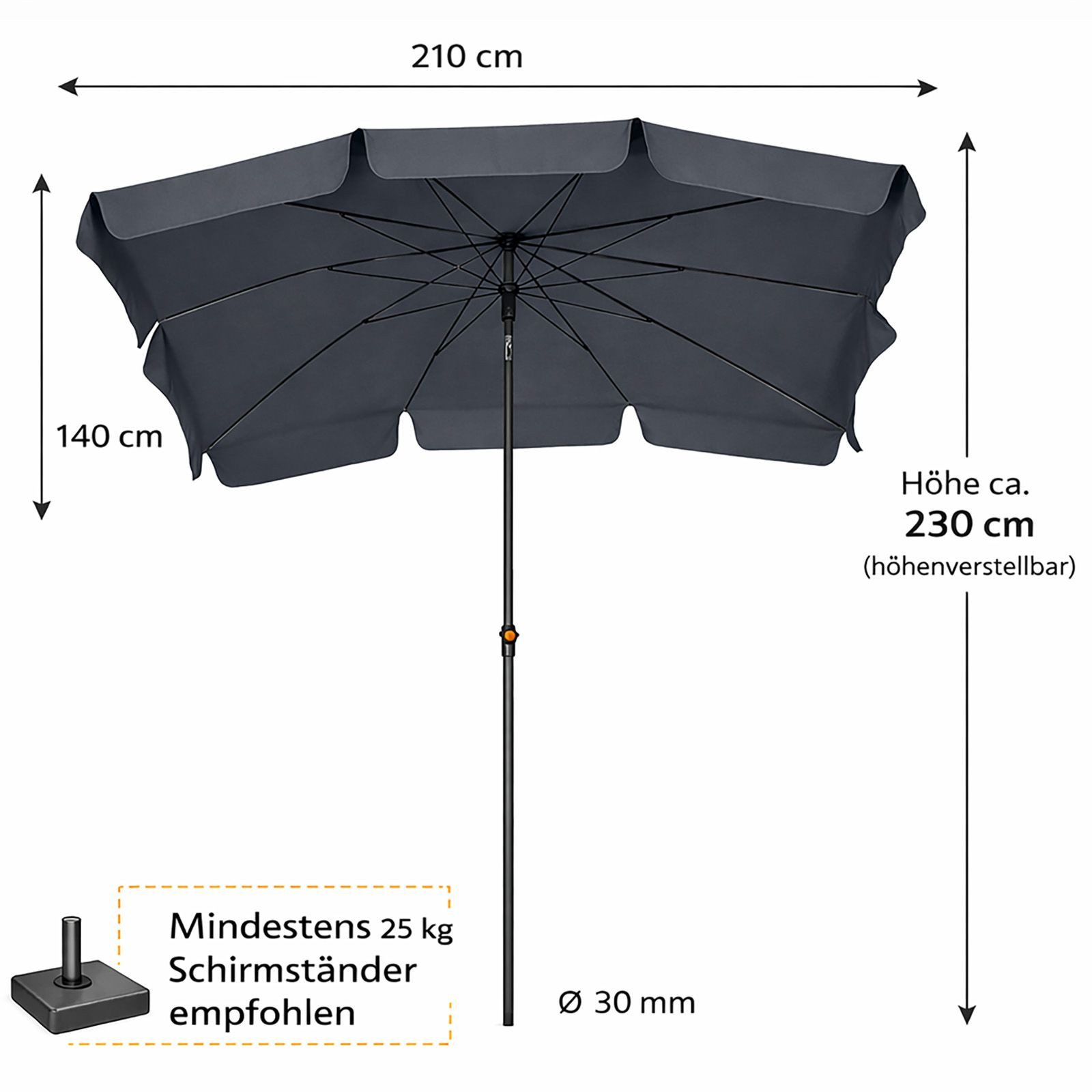 BURI Sonnenschirm Sonnenschirm Gartenschirm Balkonschirm Grau 210x140cm Kippbar – Bild 4 von 5