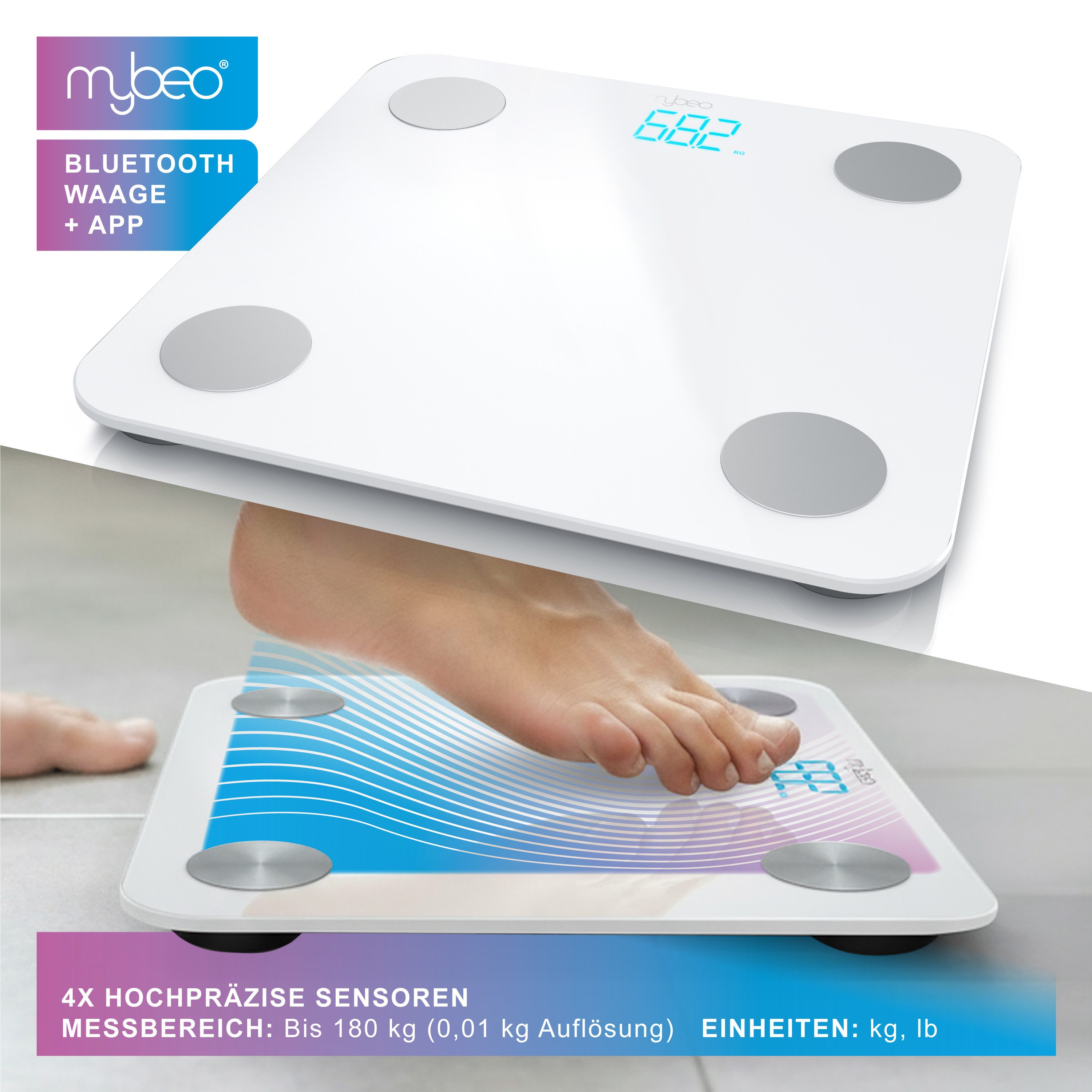 MyBeo Körper-Analyse-Waage Digitale Bluetooth Körperfettwaage, Diagnosewaage mit App-Steuerung, 1-tlg., Multifunktionswaage, BMI, Körperfett, Wasser & Muskelanteil, 5-180 kg