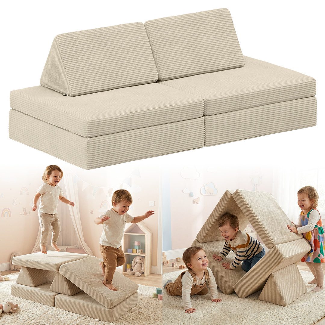 Bellabino Kindersofa Nile aus 4 Schaumstoff Teilen, Beige, Mini-Variante für Kleinkinder, faltbare Kinderspielcouch, Cordbezug, abnehmbar, waschbar 130x48x65cm