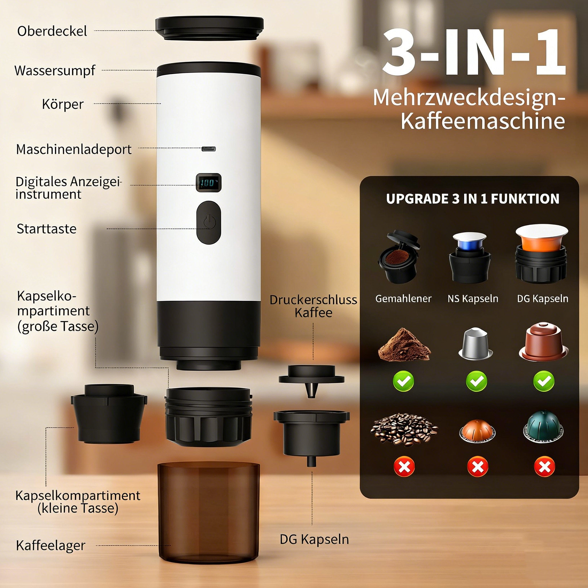 Kityhome Reisekaffeemaschine XYD003, 15 Bar,3-IN-1 Kaffeezubereitung,7800mAh,80ml Wasserbehälter