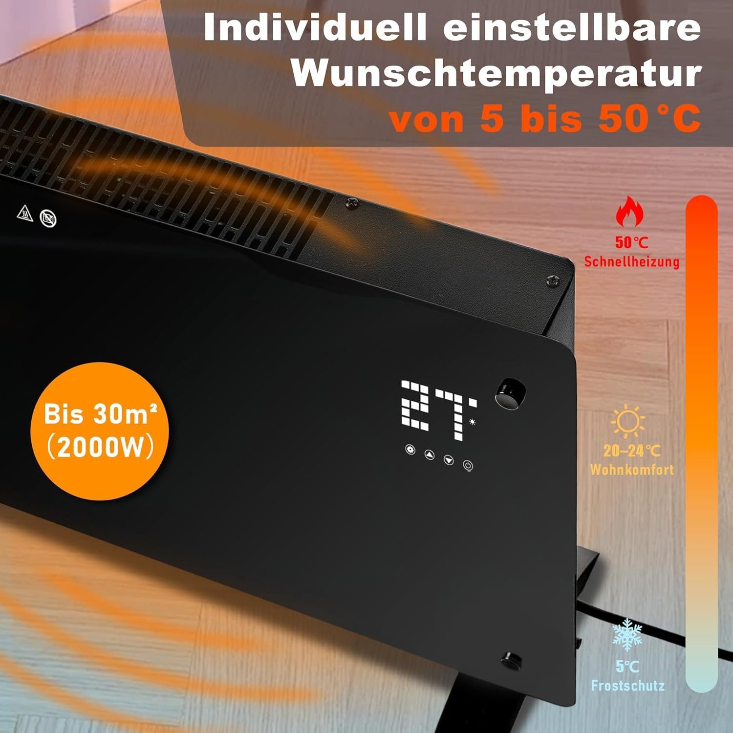 Nettlife Konvektor Elektroheizung 2000W mit energiesparendem Thermostat, 2000 W, für Wohnzimmer Schlafzimmer Heizkörper Heizgerät Heizkonvektor