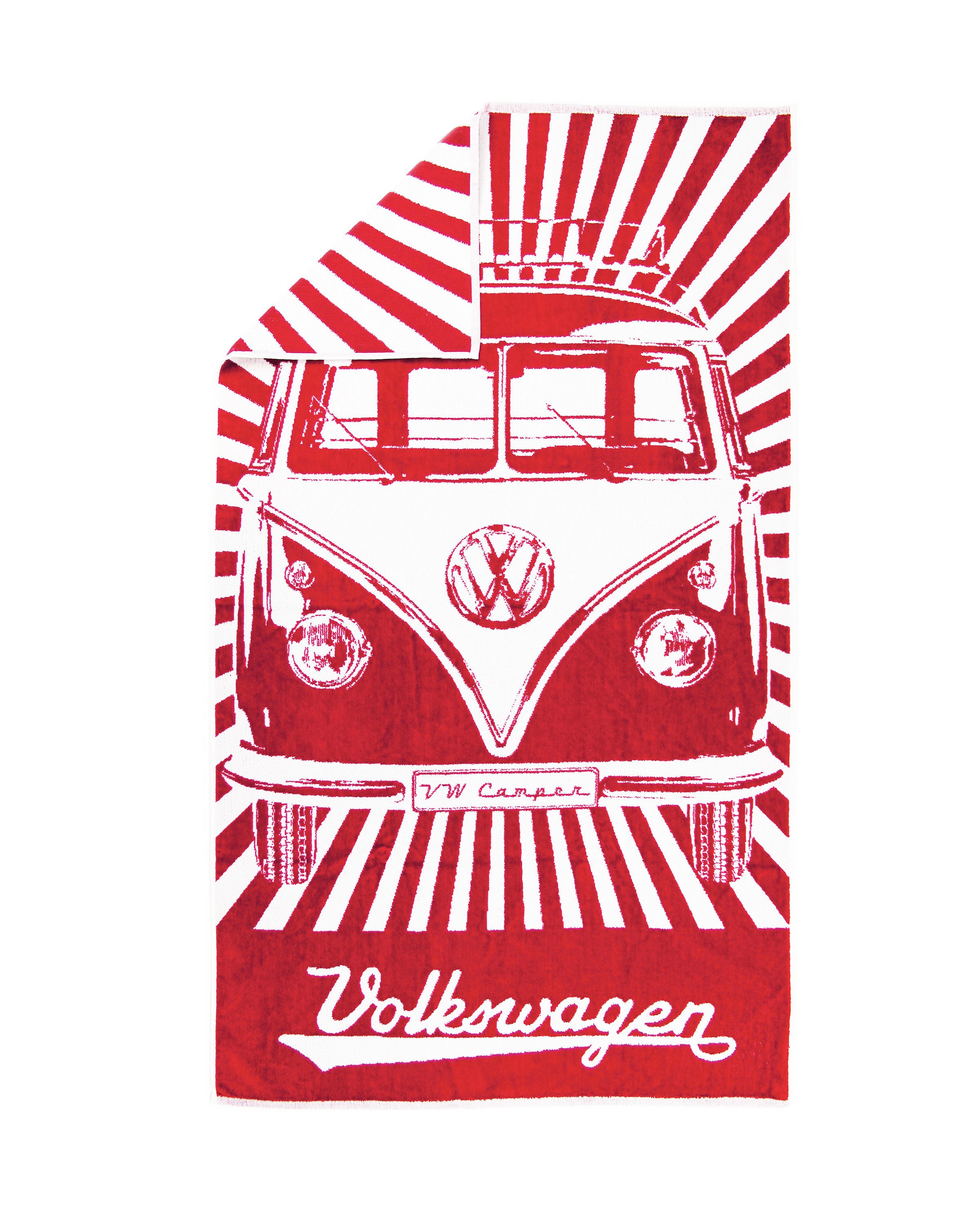VW Collection by BRISA Strandtuch Volkswagen Badetuch im VW T1 Bulli Bus Design, Frotteevelours (1-St), rotes Duschtuch mit Aufhänger