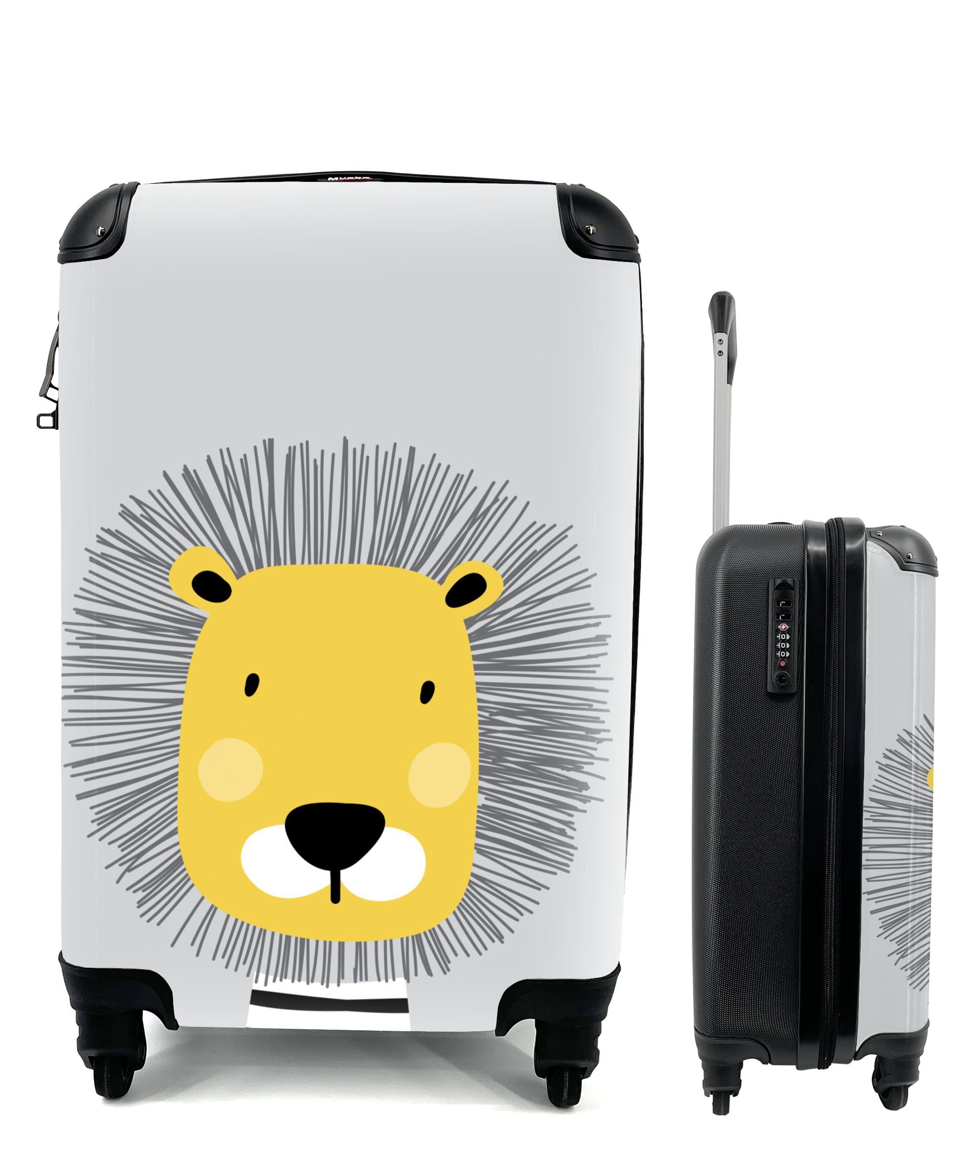 Handgepäck Rollen, rollen, Ferien, Reisetasche Handgepäckkoffer mit eines Illustration Reisekoffer Trolley, auf MuchoWow 4 Löwen grauem für Hintergrund,