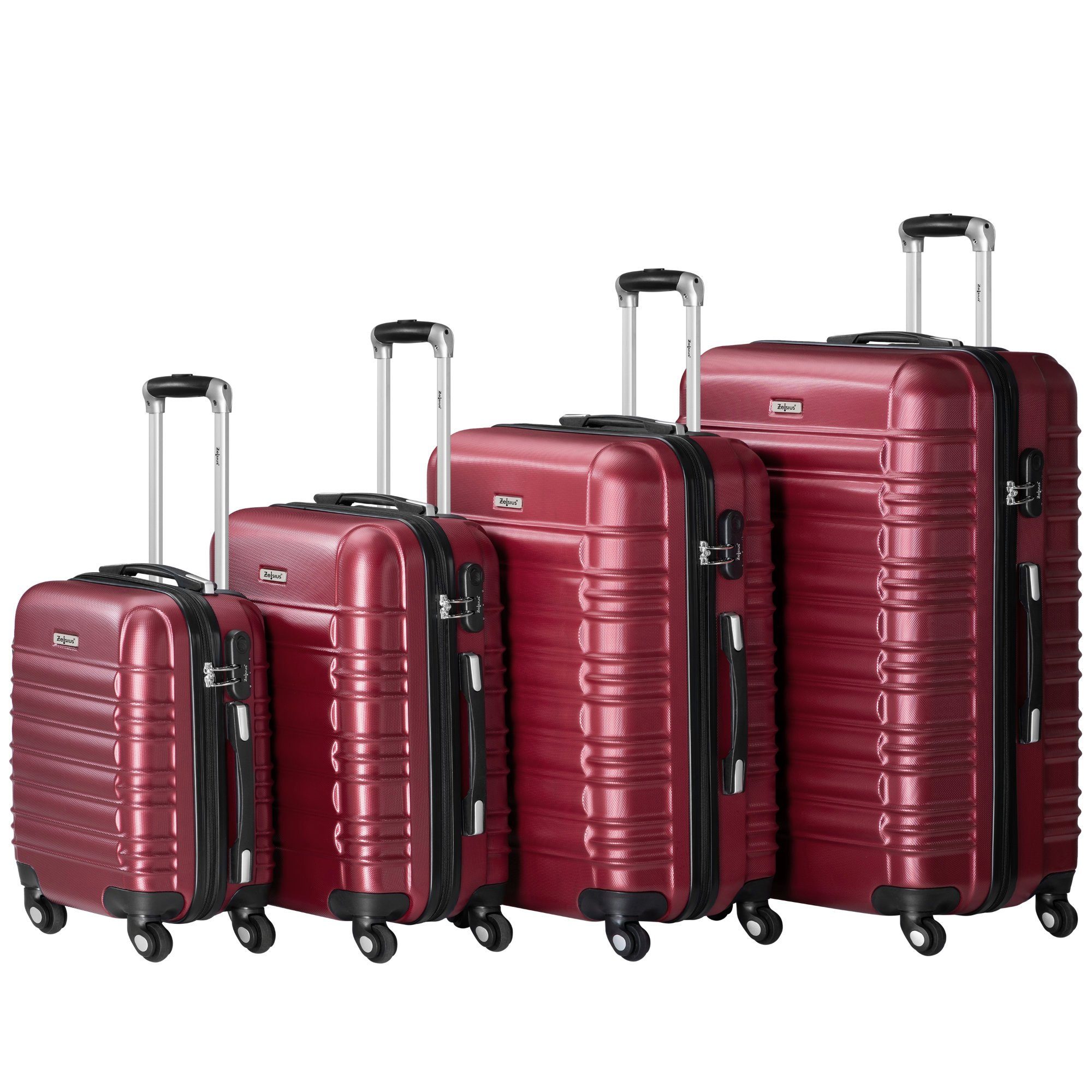 Zelsius Kofferset 4er Set, Rot, ABS Hartschalenkoffer Zahlenschloss und Innen Trennwand, 4 Rollen