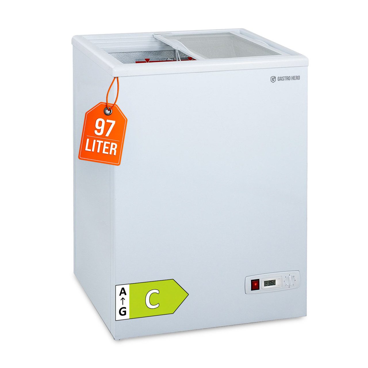 GastroHero Gefriertruhe Tiefkühltruhe 97 Liter mit Glasschiebedeckel & Schloss - Eistruhe TKTR-ECO100N, 58.5 cm breit