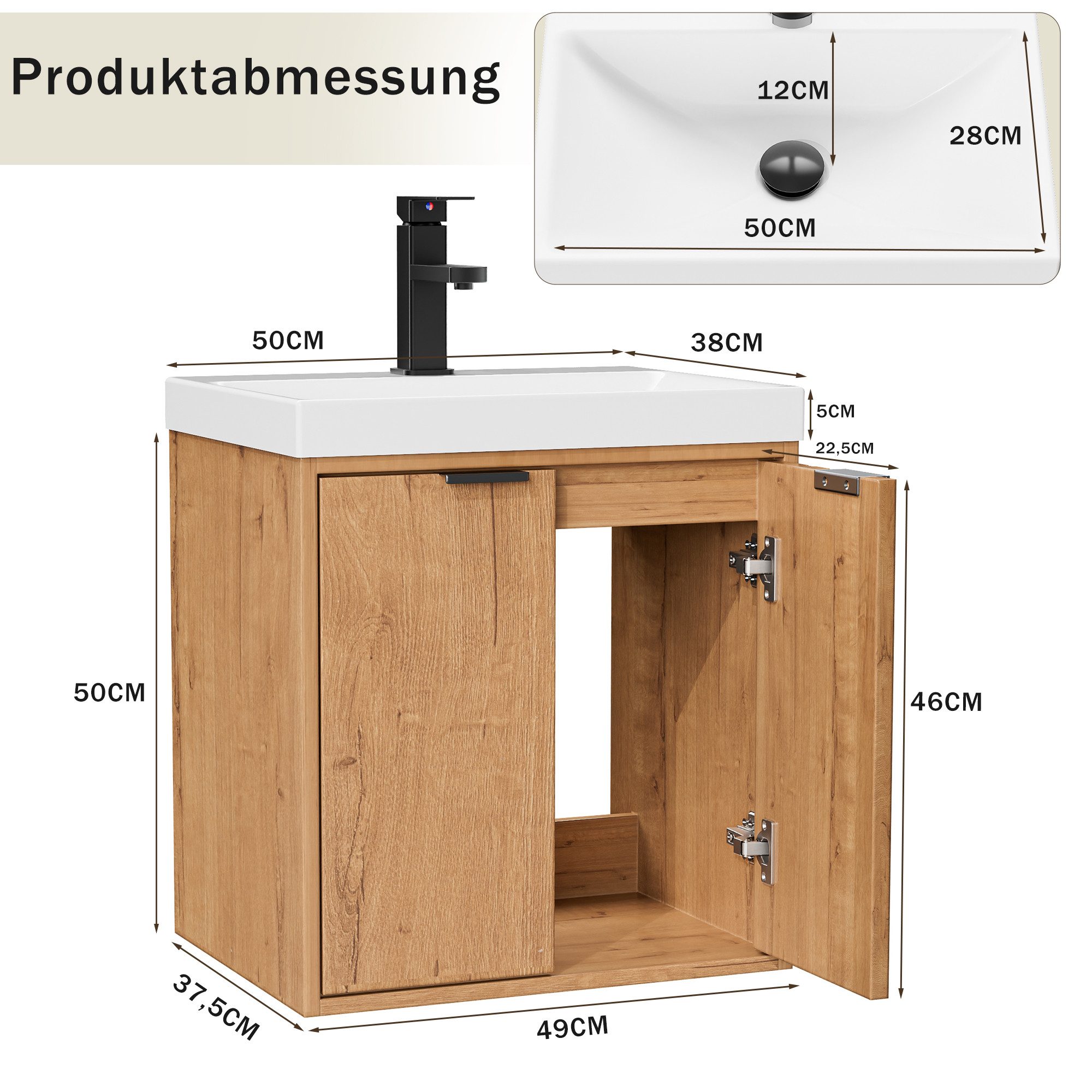 UEV Waschtisch klein Waschbecken mit Unterschrank set Badmöbel Gäste-WC hängend 49cm (Waschplatz ausreichend Stauraum,Badmobel Set fur Badezimmer, Unterschrank  – Bild 4 von 5