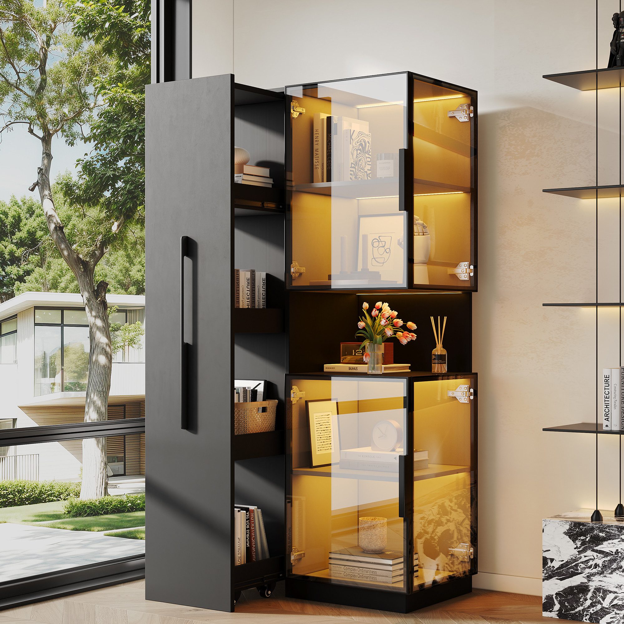 MODFU Vitrine Doppelglas-Hochschrank mit farbwechselnder LED (Vitrinenschrank, 1-St., Schwarze, 70×38×160 cm, für Wohnzimmer & Küche) Ausziehregal, Walnuss-Optik, elegantes Design