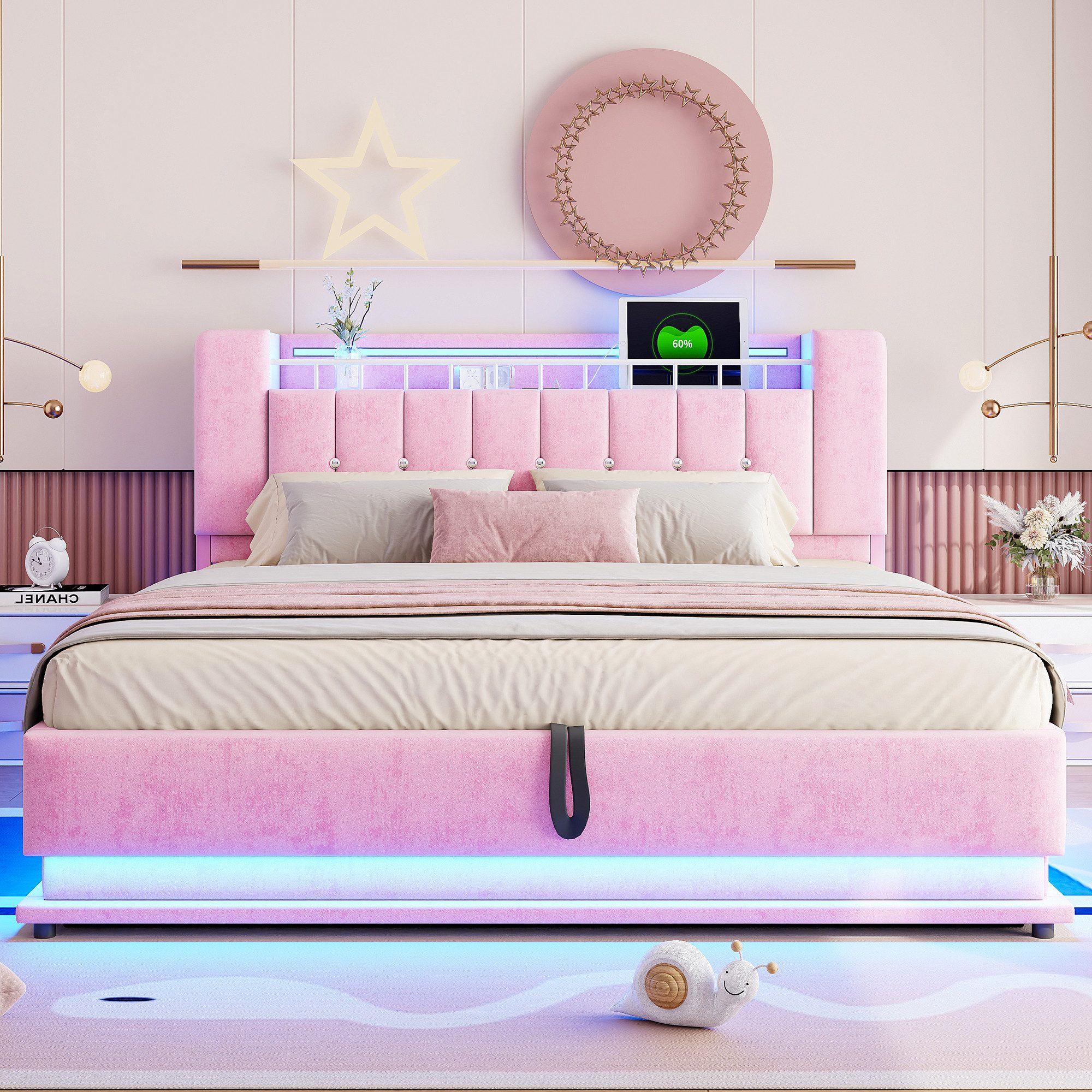 Merax Polsterbett mit LED-Beleuchtung und USB-Anschluss (Metalllattenrahmen & Samtbezug, 1-tlg., Kinderbett Einzelbett Mehrzweckbett Stauraumbett), Doppelbett 1 – Bild 3 von 5