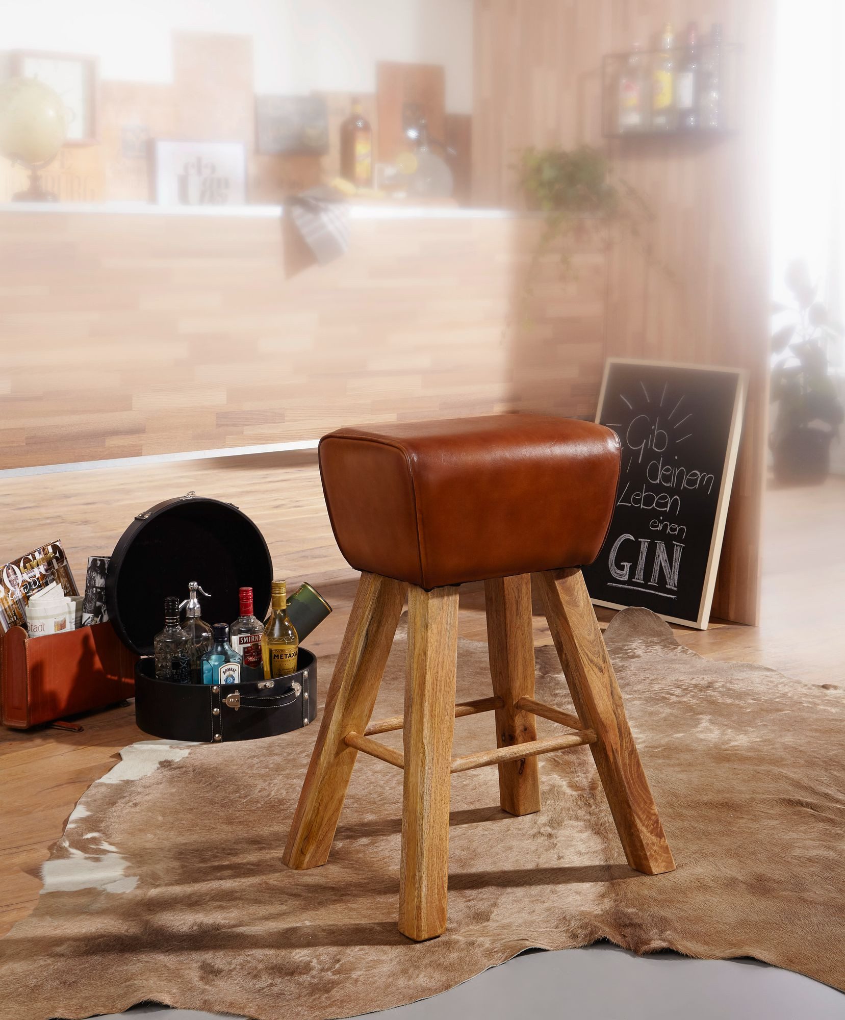 Wohnling Barhocker WL6.011 Turnbock 75 cm Massivholz Barstuhl Leder Tresenstuhl Hocker (Turnbock 43x75x43 cm Mango Massivholz / Echtleder), Küchenhocker Tresenhocker Modern, Barstuhl 120kg