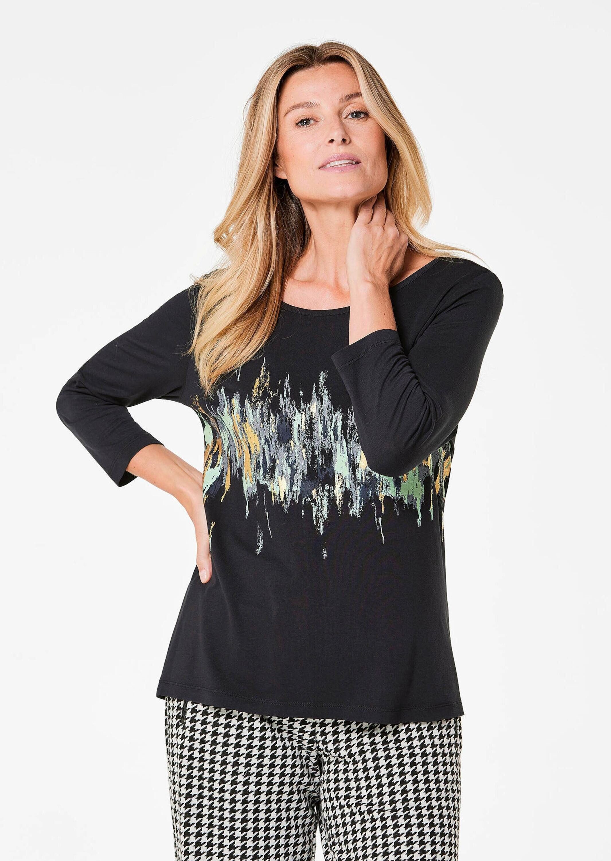 GOLDNER Print-Shirt Edles Shirt mit Frontdruck, 3/4-Arm Gemustertes Design und eleganter U-Boot-Ausschnitt