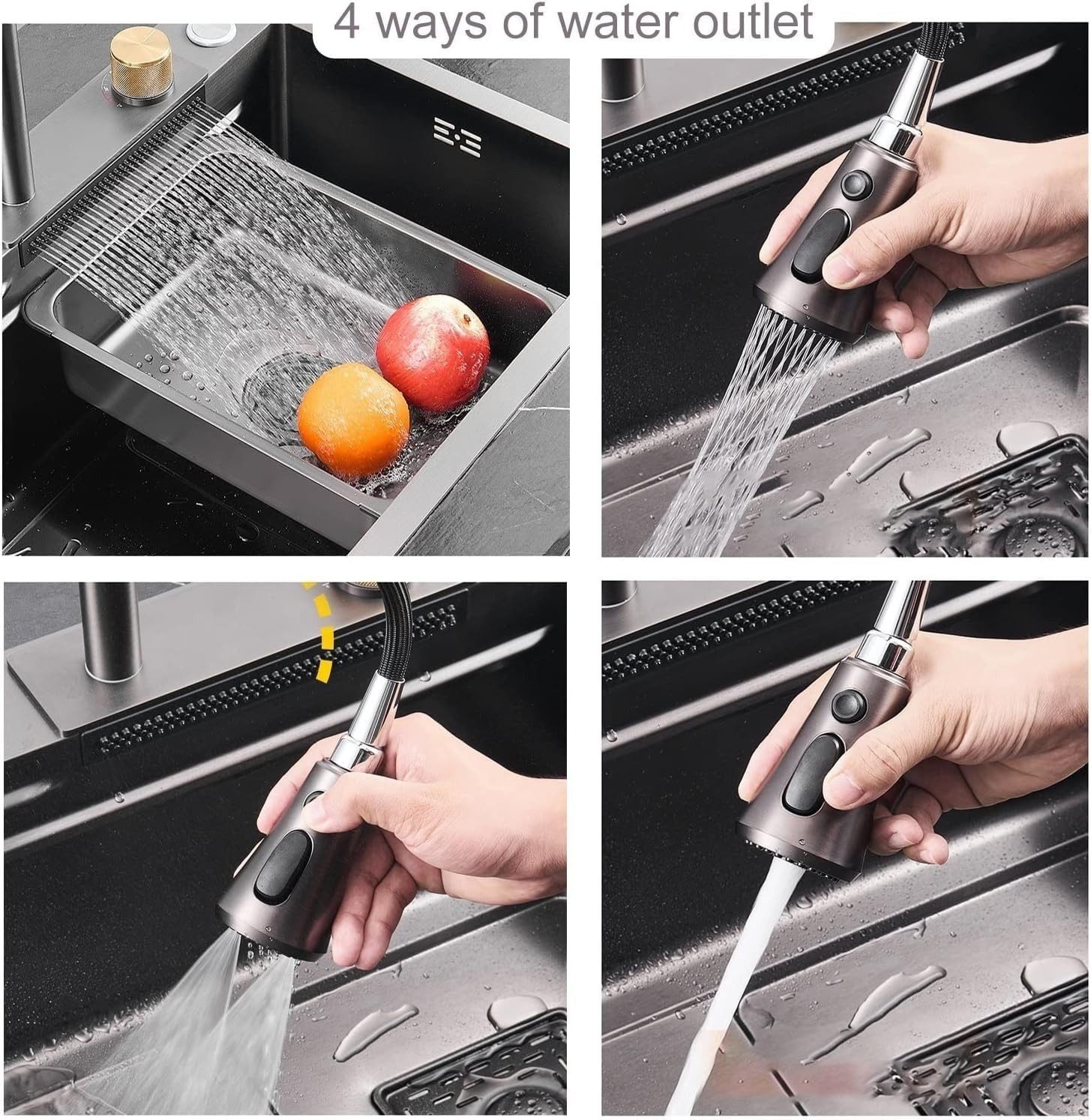 Faizee Home Stainless Steel Built-in Sink with Waterfall, Sound Insulation, 4-Outlet Faucet