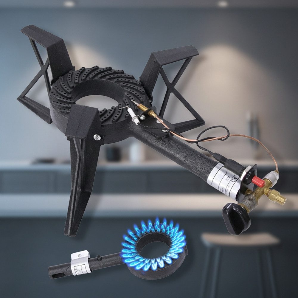 Melko Gaskocher Gasbrenner Hockerkocher Piezozündung 3 Bein Gusseisen Campingkocher, (Stück, 1-St), Piezozündung