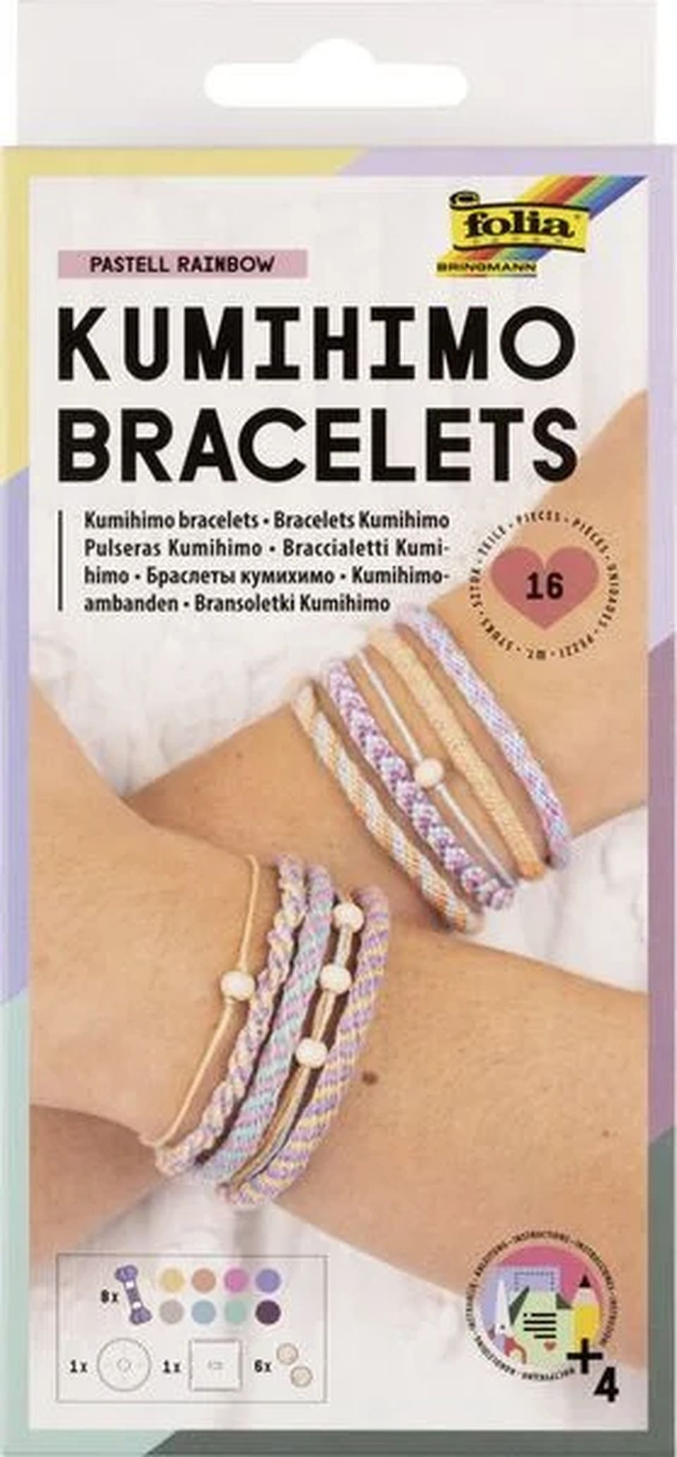 Folia Max Bringmann KG Bastel-Armband Kumihimo Bracelets PASTELL RAINBOW, 16 tlg.