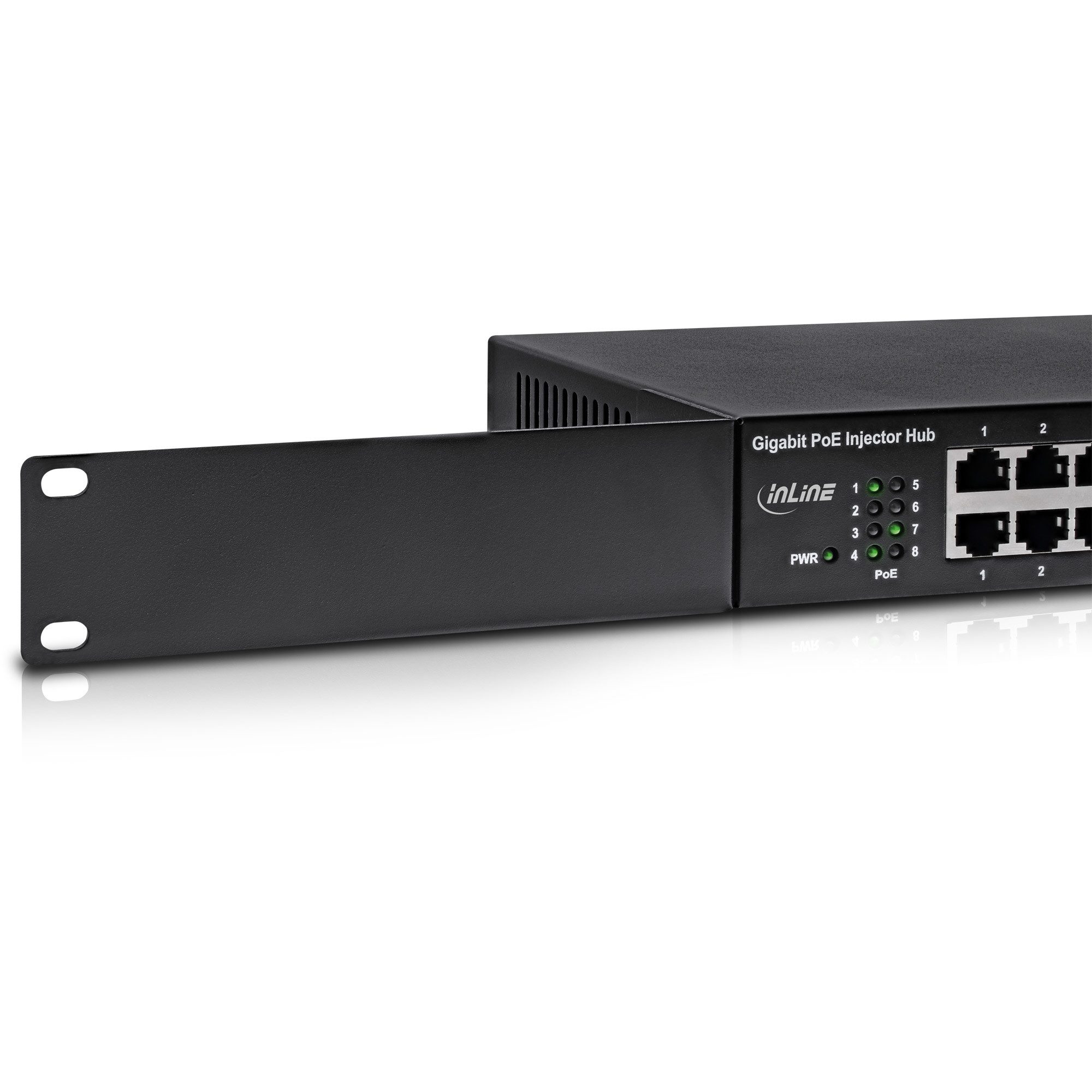 Inline PoE+ Gigabit Netzwerk Injektor Hub 8 Port (8x PoE) - 1Gb/s - 19" 1HE WLAN-Access Point