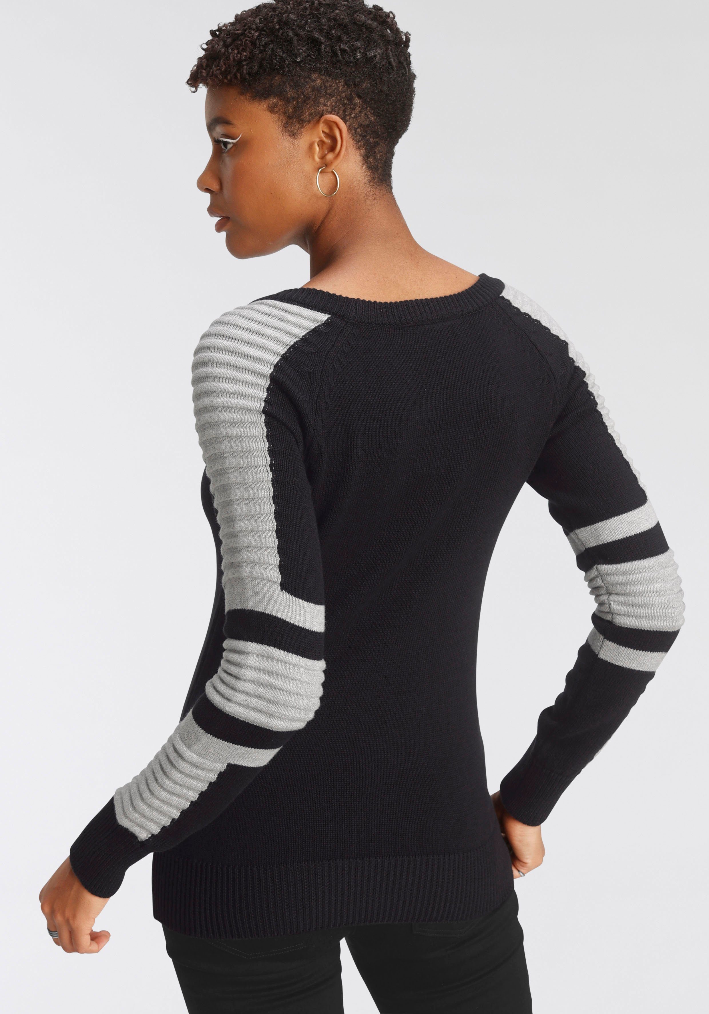 Arizona Rundhalspullover im Bikerstil mit Ärmeln in Fein - und grobem Rippe günstig online kaufen