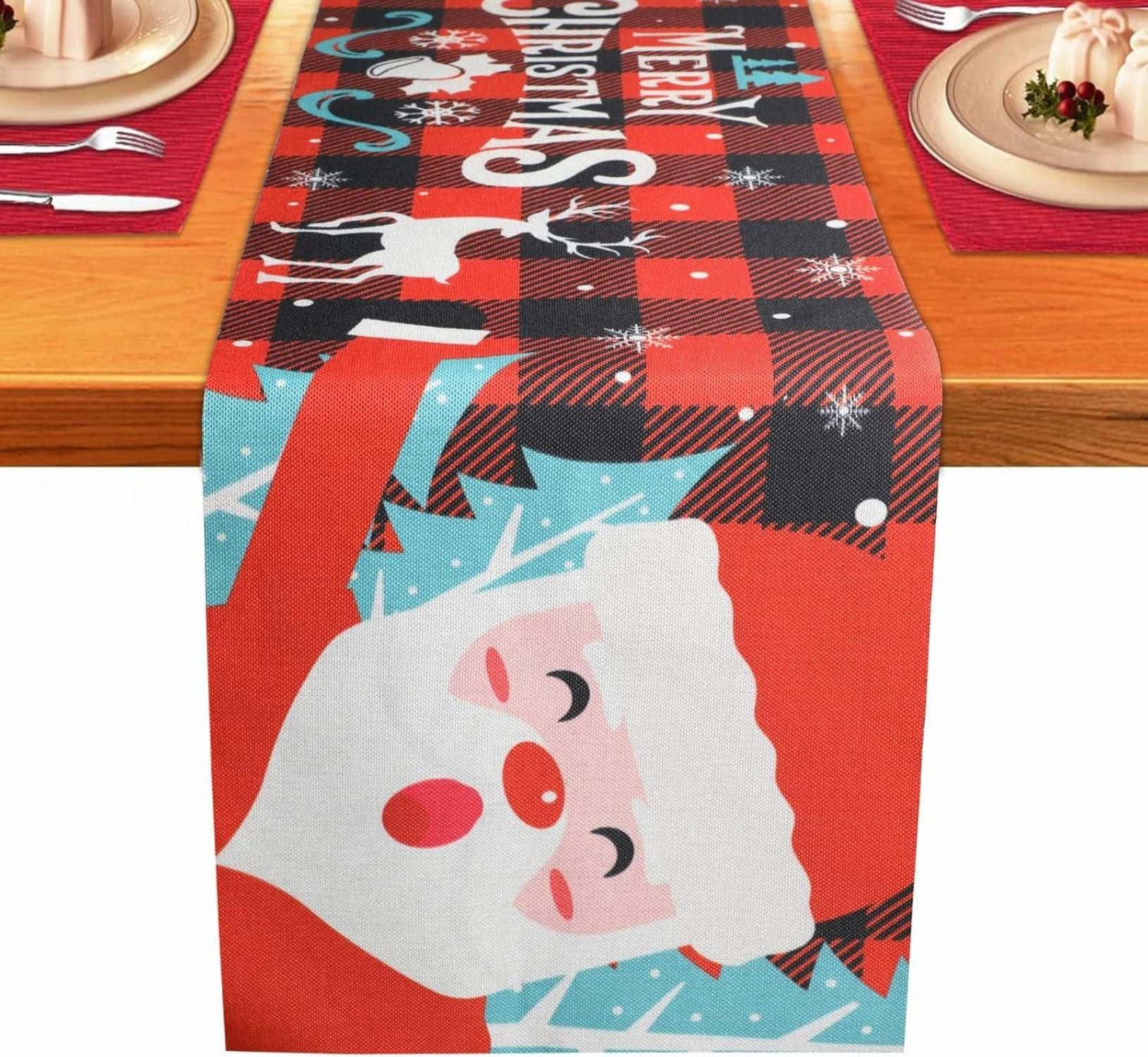 Dekohänger Weihnachten Tischläufer Rot, Weihnachtsmann Leinen Tischdecke Winter