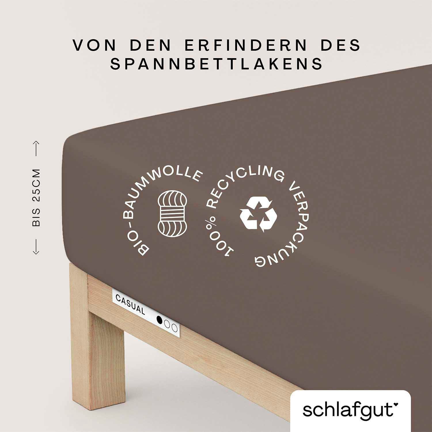 Schlafgut Spannbettlaken CASUAL Bettlaken 100% gekämmte Bio-Baumwolle, 150 g/m², Spannbetttuch, Jersey, Gummizug: rundum, (1 Stück), Bettlaken bis 25 cm Höhe, langlebig, weich, Antipilling-Ausrüstung