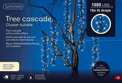 Lumineo LED-Lichterkette Lumineo Cluster Baumbeleuchtung 1080 LED 18 Lichtstränge warm weiß, 8 Licht-Funktionen, Timer, Indoor/Outdoor