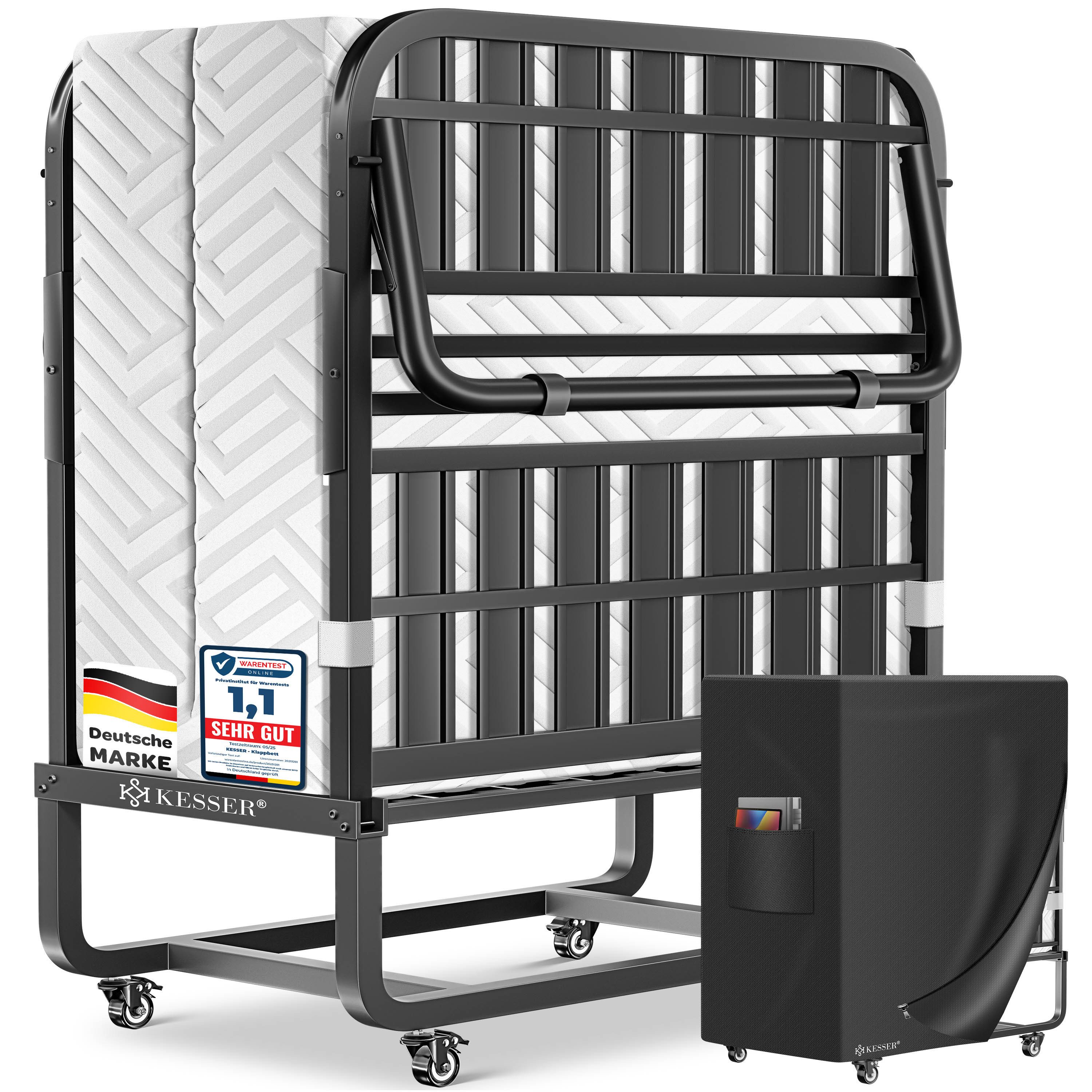 KESSER Gästebett 200x90cm Klappbett faltbares Reisebett mit Metallrahmen für Erwachsene (Metall Bett inkl. Matratze aus Memory-Schaum, Räder & Schutzhülle) Mobiles Bett belastbar bis 250kg mit abnehmbarem Bezug