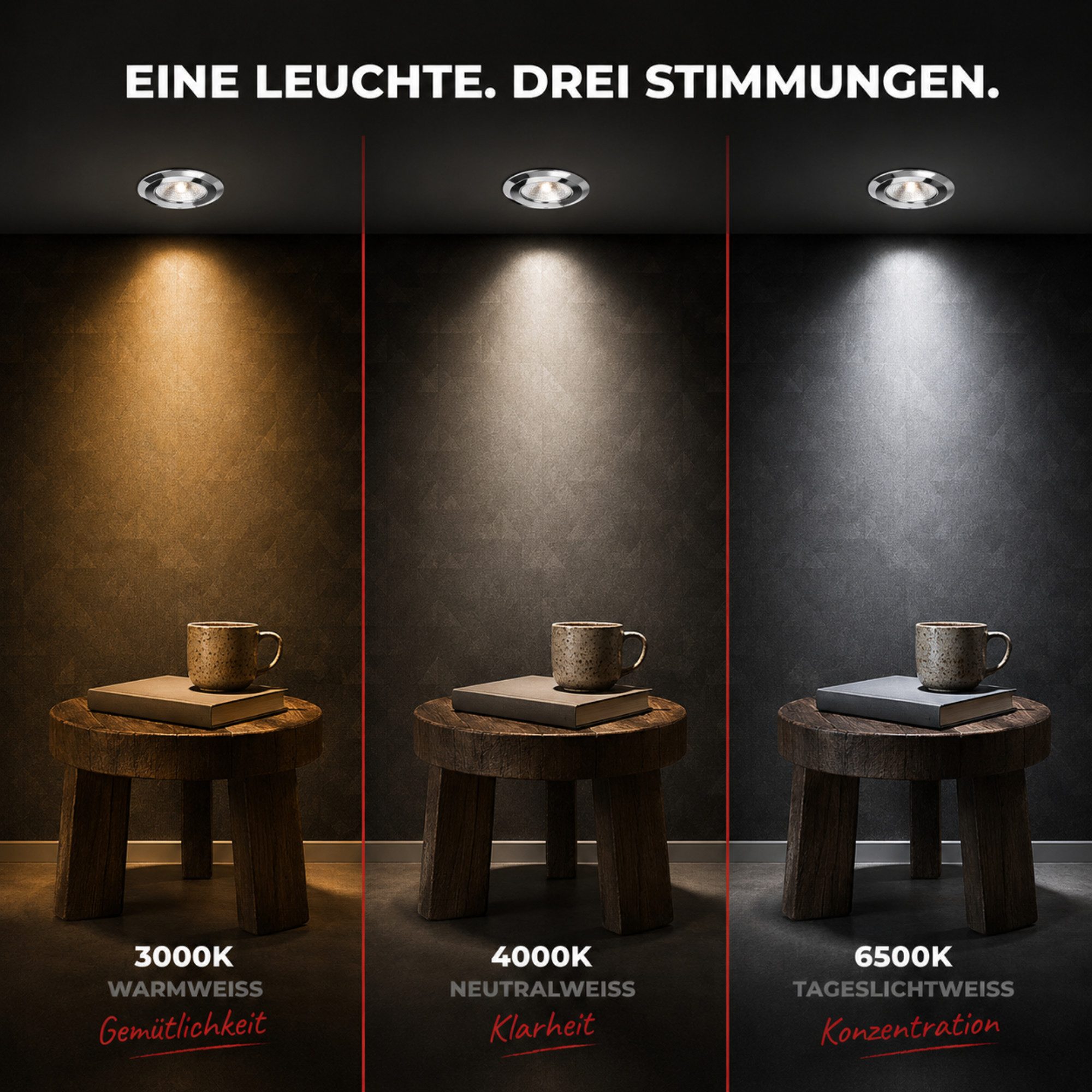 Maxkomfort LED Einbaustrahler 6/12er-Set Ultraflach & Schwenkbar, 3 Lichtfarben umschaltbar, LED fest integriert, (3000K/4000K/6500K), IP20 Deckenspots für Wohnzimmer, Küche & Flur - Ø82x25mm