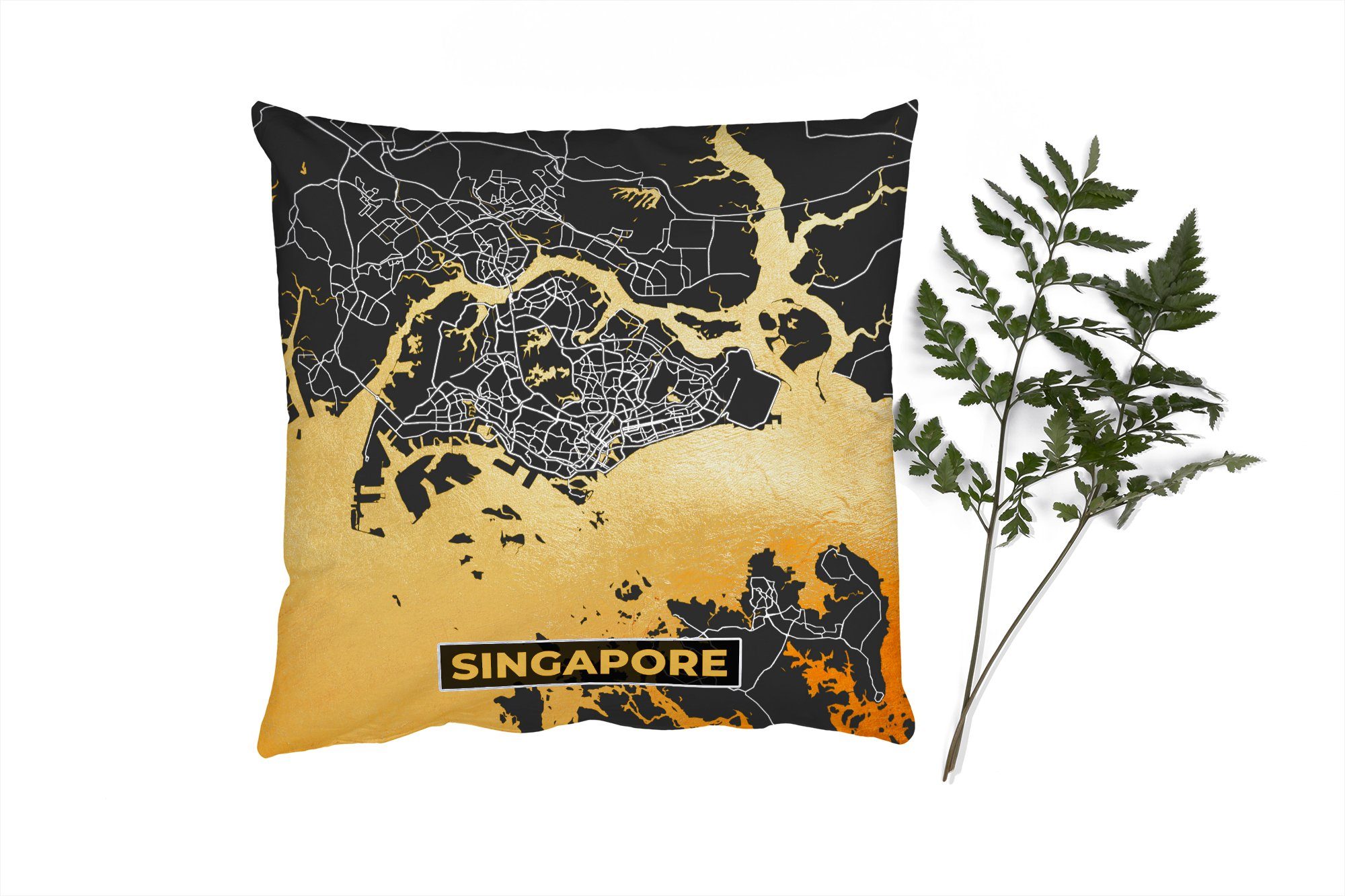 MuchoWow Dekokissen Singapur - Gold Schlafzimmer, - Wohzimmer, mit Sofakissen Zierkissen für Karte Deko, - Stadtplan, Füllung